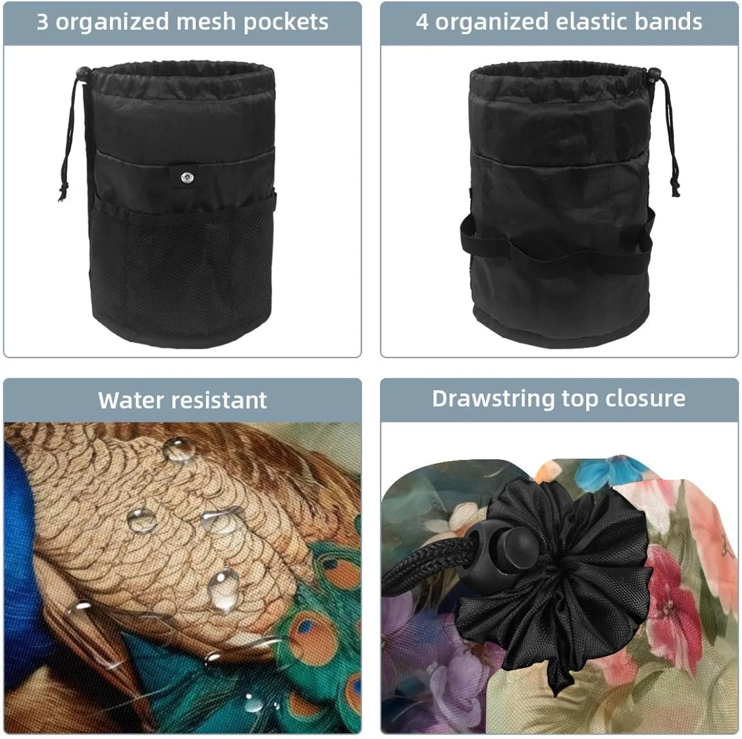 Barrel Drawstring Makeup Bag Large Cosmetic Bag Make up Bags Portable Toiletry Bag Organizer for Travel Toiletries Accessories - Peacock Flowers