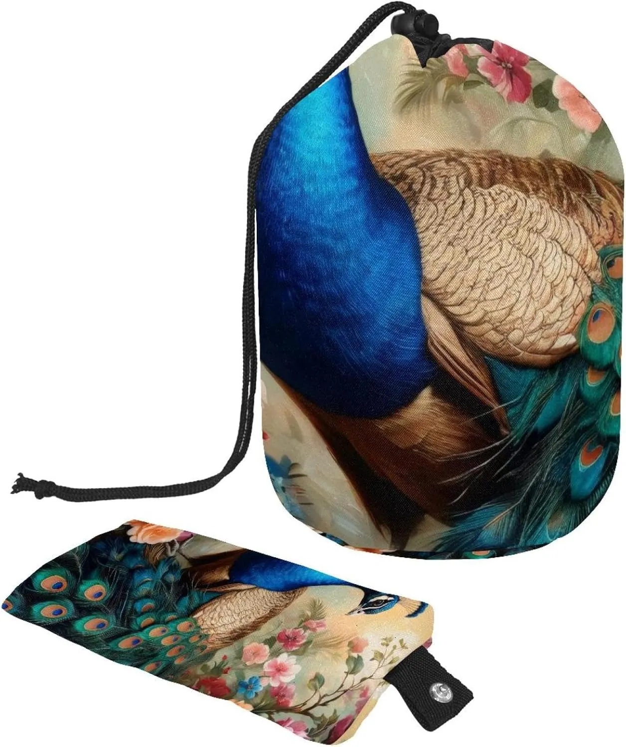 Barrel Drawstring Makeup Bag Large Cosmetic Bag Make up Bags Portable Toiletry Bag Organizer for Travel Toiletries Accessories - Peacock Flowers