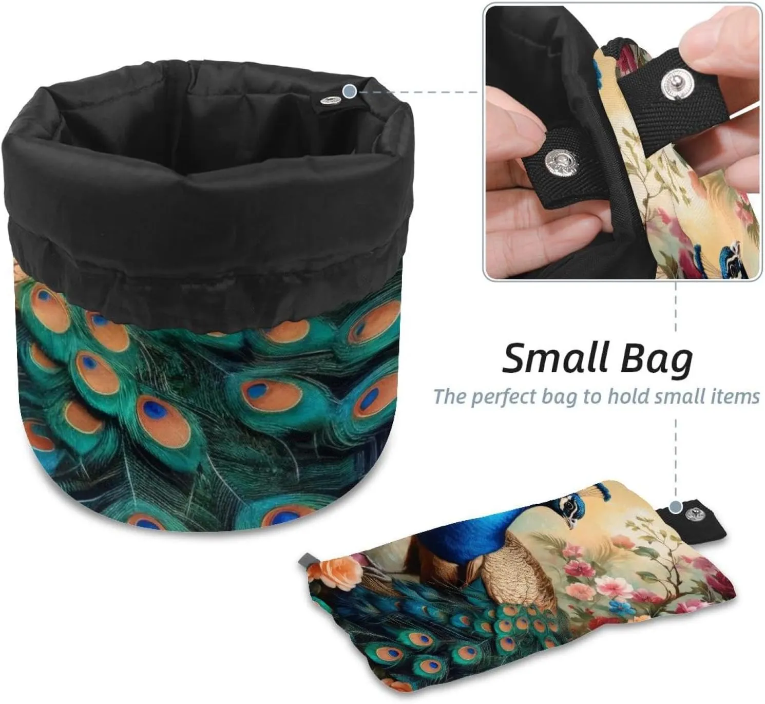 Barrel Drawstring Makeup Bag Large Cosmetic Bag Make up Bags Portable Toiletry Bag Organizer for Travel Toiletries Accessories - Peacock Flowers