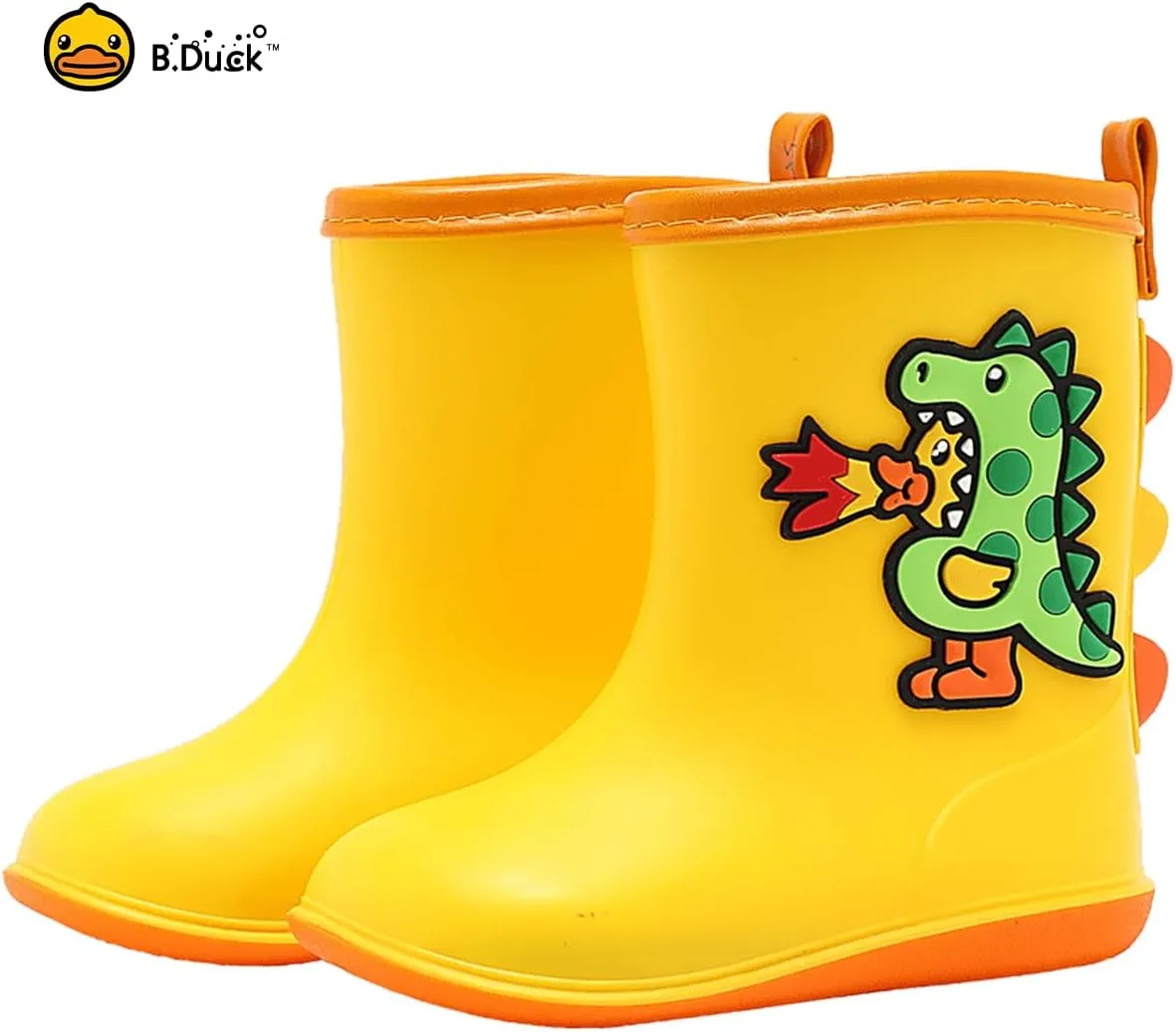 B.Duck Kids Rubber Rain Boots Toddler Shoes Cute Cartoon Dinosaur Waterproof Boots for Boys Girls