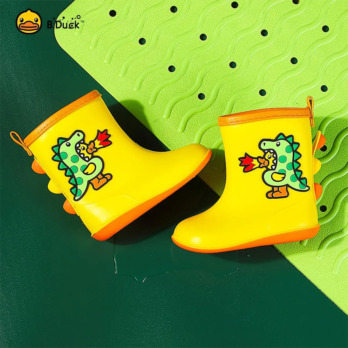 B.Duck Kids Rubber Rain Boots Toddler Shoes Cute Cartoon Dinosaur Waterproof Boots for Boys Girls