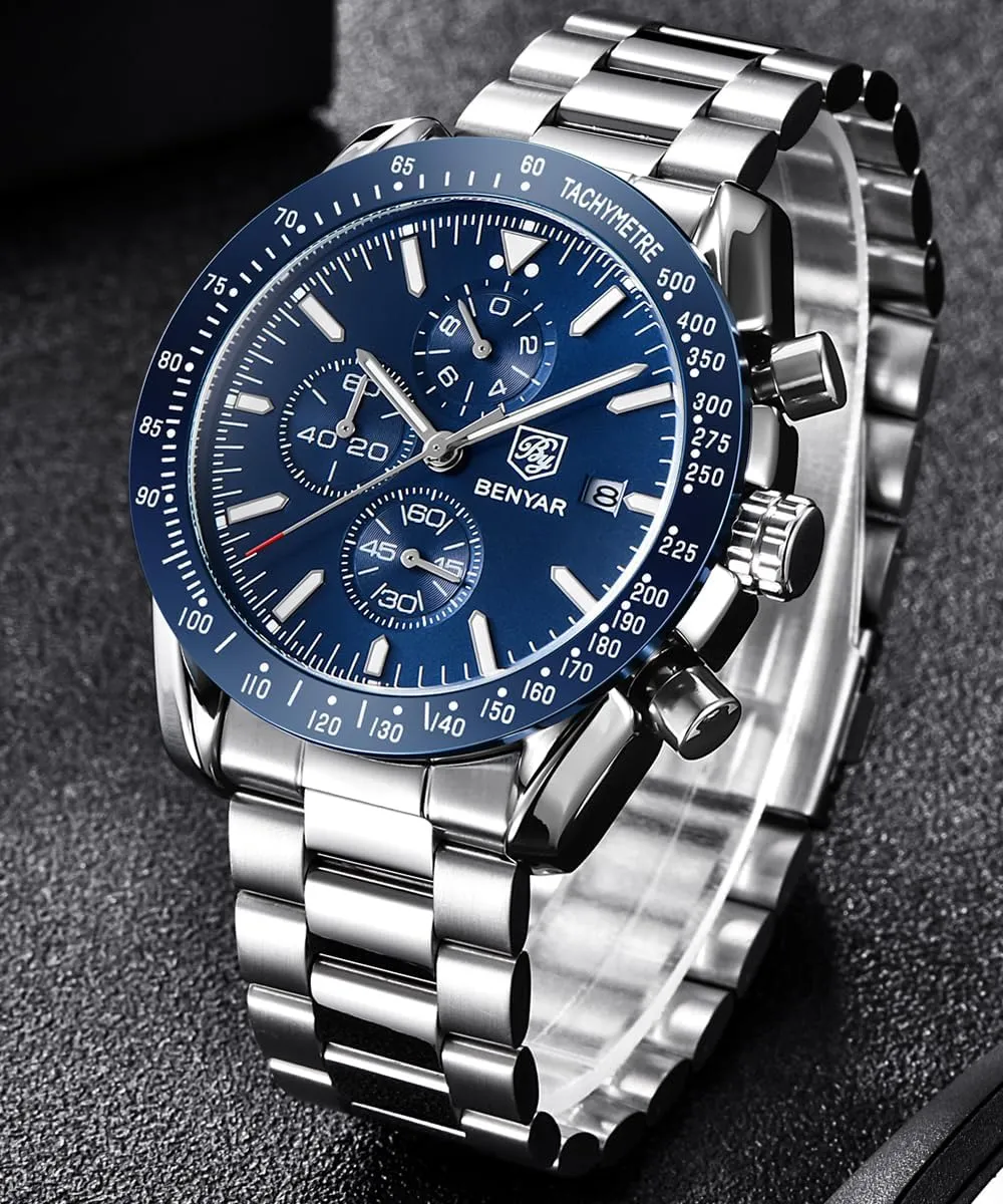 BENYAR Fashion Men's Quartz Chronograph Waterproof Silicone Watches Business Casual Sport Design Wrist Watch for Men Perfect for Father Son Black Blue Rose Gold