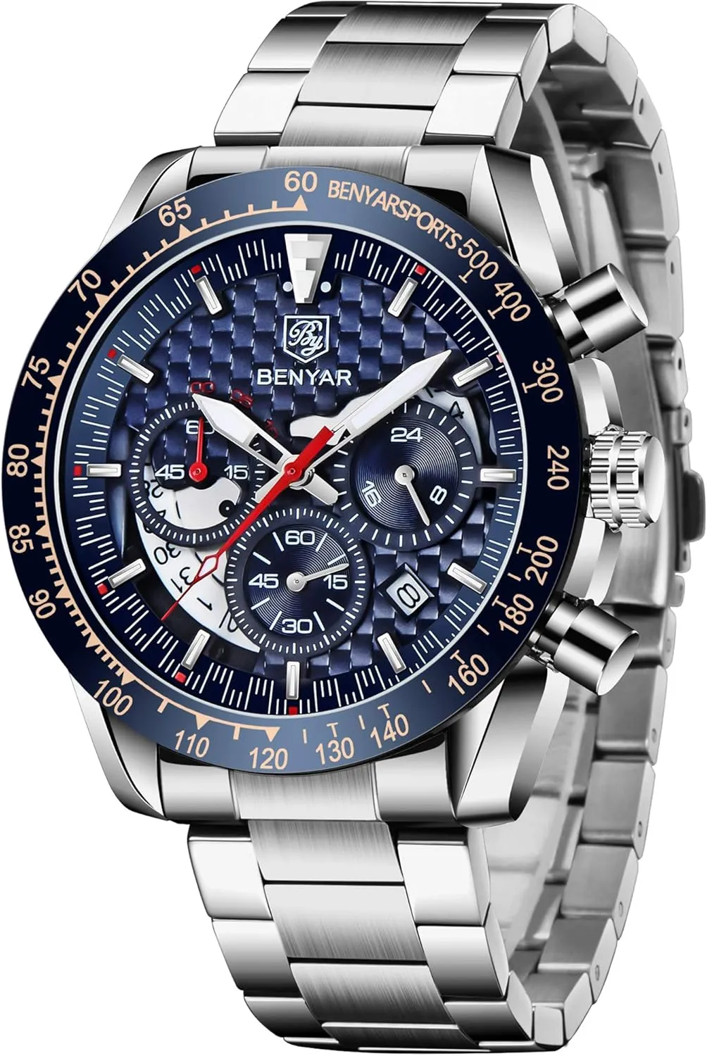 BENYAR Fashion Men's Quartz Chronograph Waterproof Silicone Watches Business Casual Sport Design Wrist Watch for Men Perfect for Father Son Black Blue Rose Gold