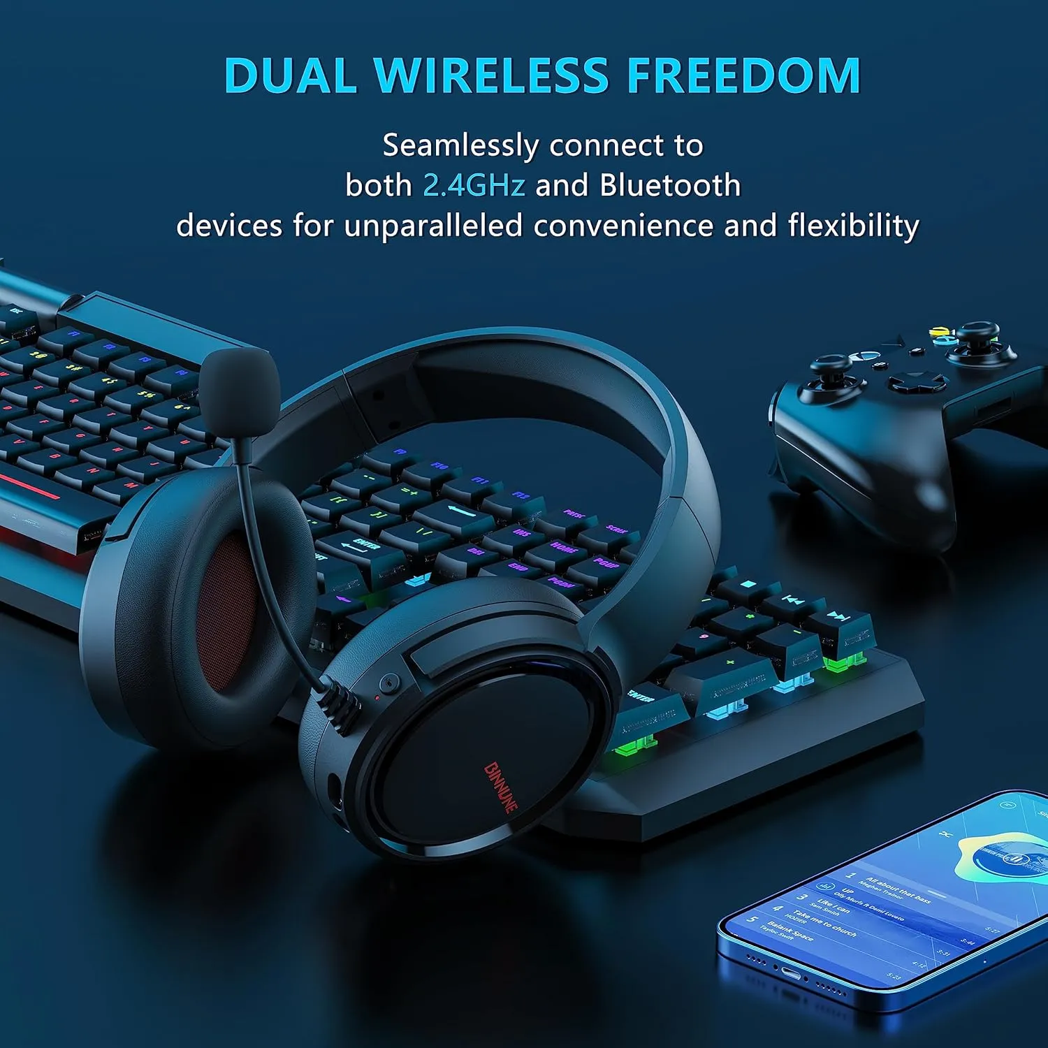 BINNUNE Wireless Gaming Headset, 2.4GHz Gaming Headphones for PS4, PS5, NS, Bluetooth 5.3 Headphones with 40Hr Battery, Noise Canceling Microphone, Stereo Sound for Laptop, Mobile, Mac - Red