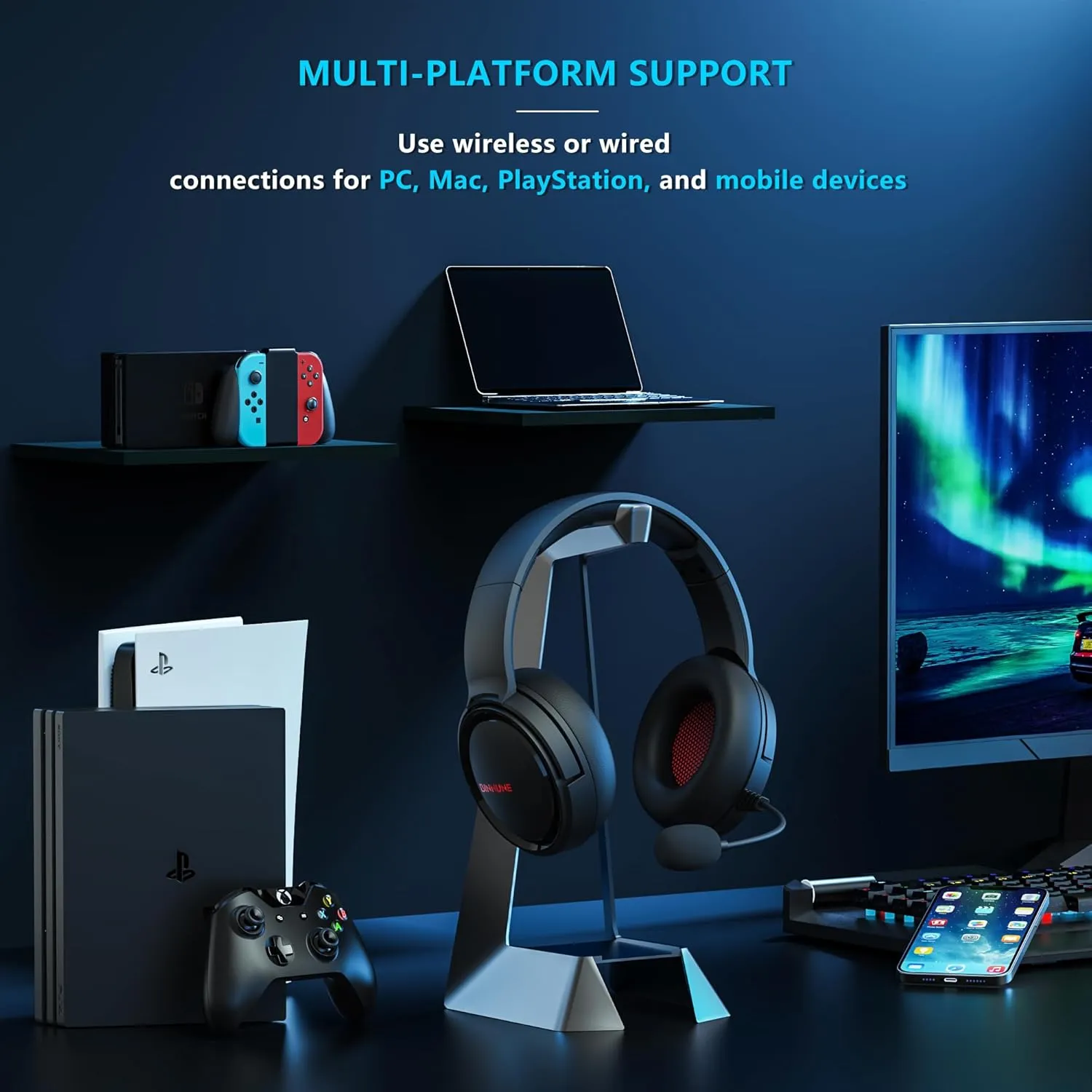 BINNUNE Wireless Gaming Headset, 2.4GHz Gaming Headphones for PS4, PS5, NS, Bluetooth 5.3 Headphones with 40Hr Battery, Noise Canceling Microphone, Stereo Sound for Laptop, Mobile, Mac - Red