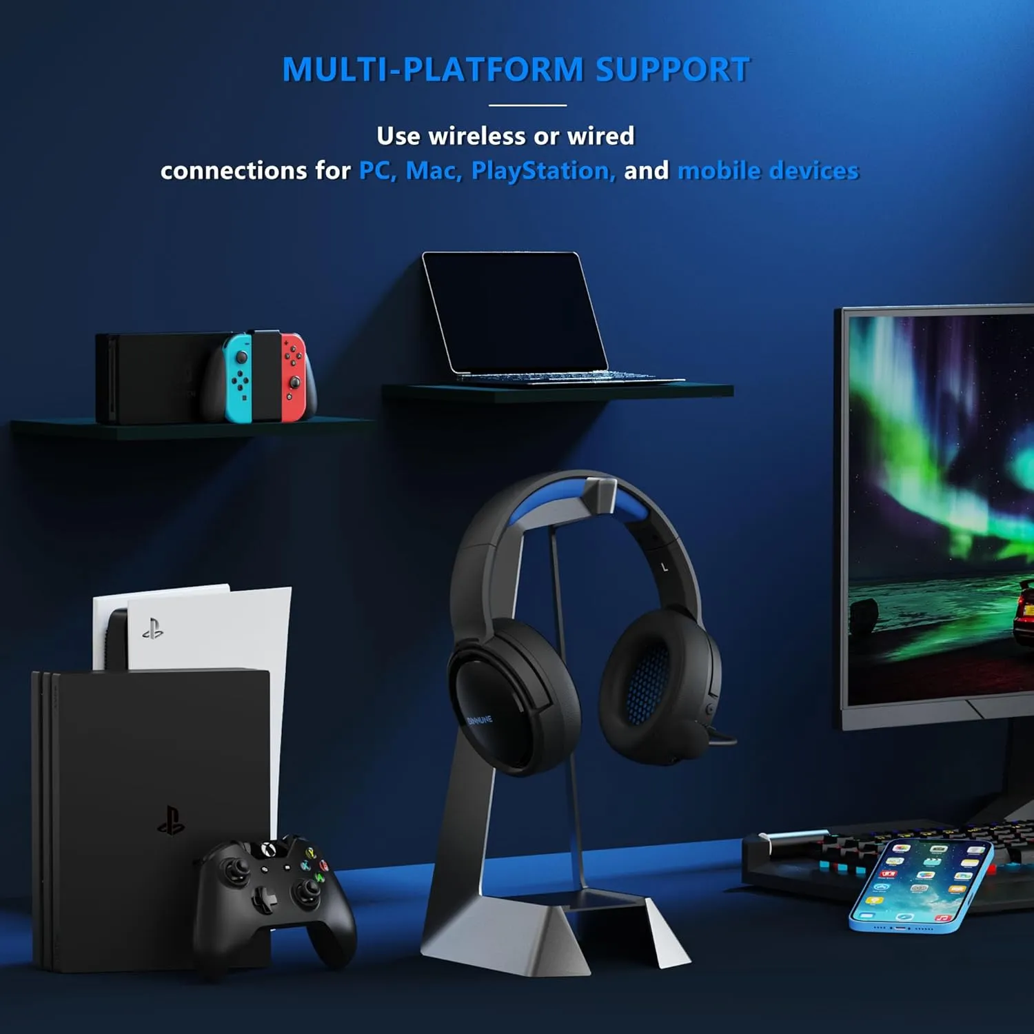 BINNUNE Wireless Gaming Headset, 2.4GHz Gaming Headphones for PS4, PS5, PC, NS, Bluetooth 5.3 Headphones with 40Hr Battery, Noise Canceling Microphone, Stereo Sound for Laptop, Mobile, Mac - Blue