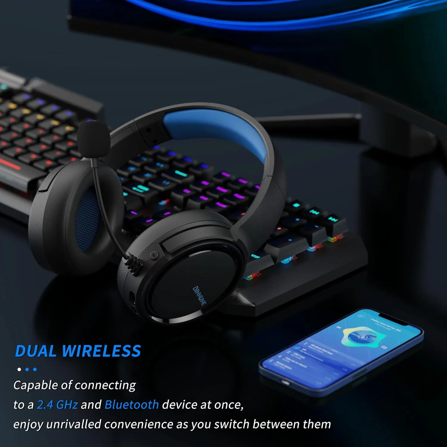 BINNUNE Wireless Gaming Headset, 2.4GHz Gaming Headphones for PS4, PS5, PC, NS, Bluetooth 5.3 Headphones with 40Hr Battery, Noise Canceling Microphone, Stereo Sound for Laptop, Mobile, Mac - Blue
