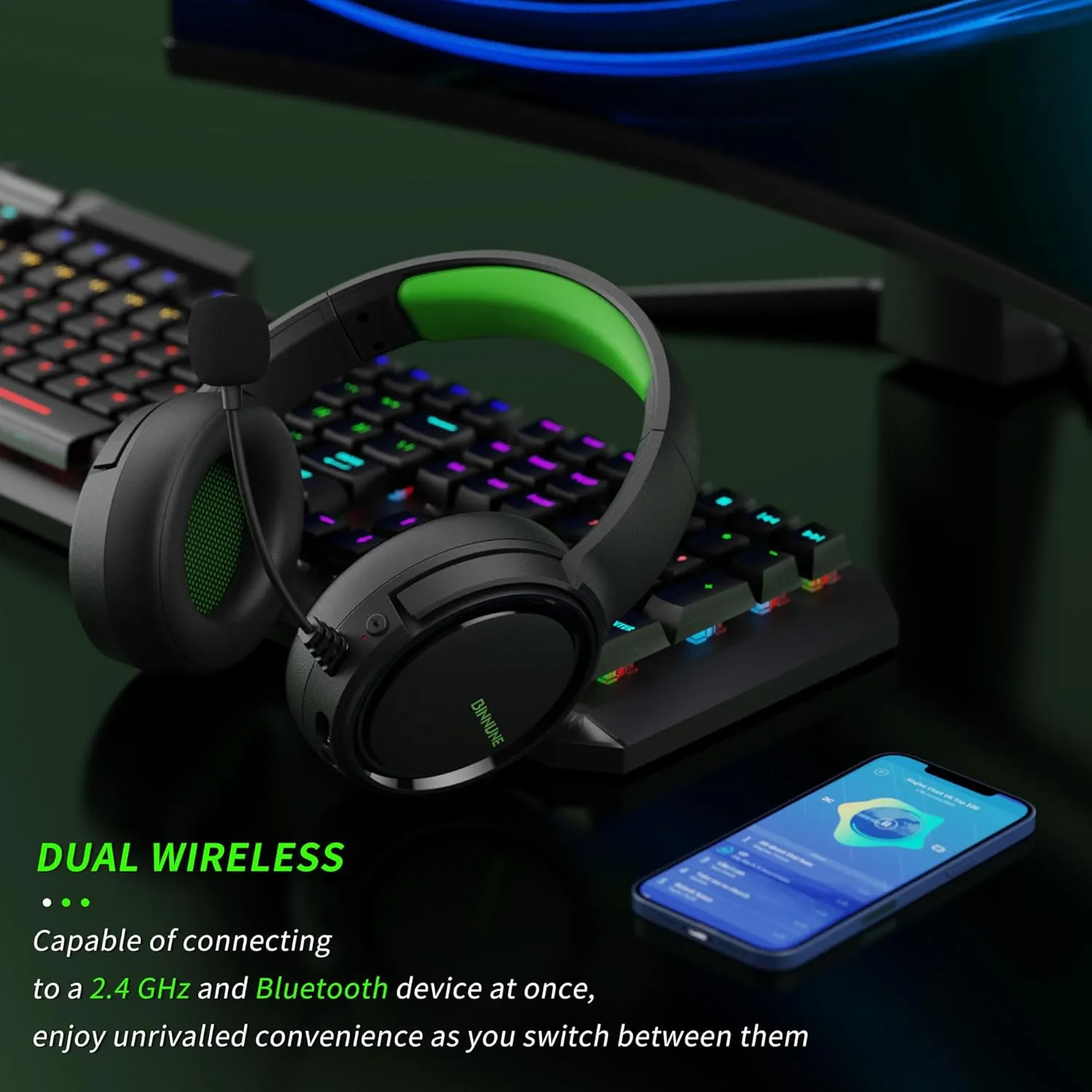 BINNUNE Wireless Gaming Headset, 2.4GHz Gaming Headphones for PS4, PS5, PC, NS, Bluetooth 5.3 Headphones with 40Hr Battery, Noise Canceling Microphone, Stereo Sound for Laptop, Mobile, Mac- Green