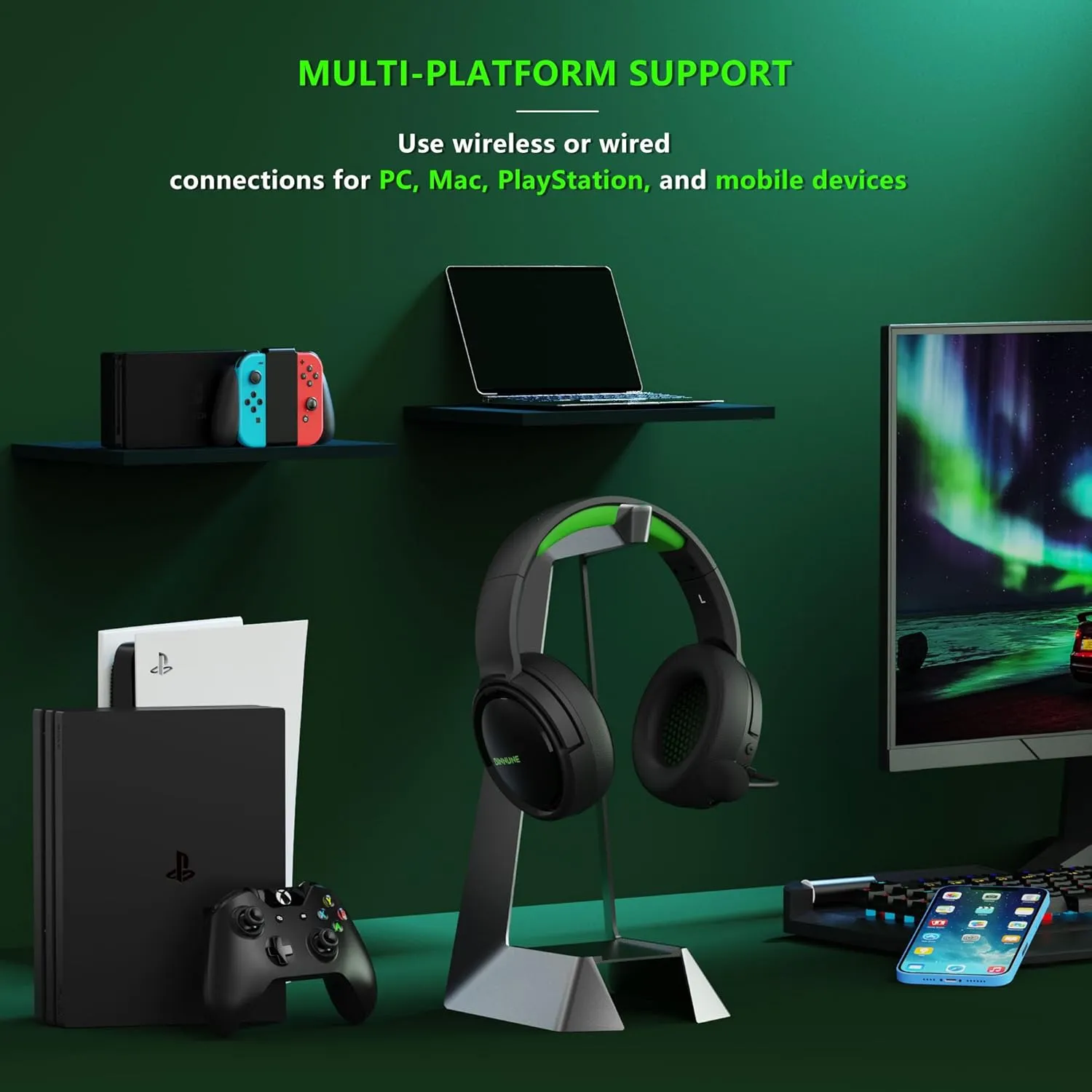 BINNUNE Wireless Gaming Headset, 2.4GHz Gaming Headphones for PS4, PS5, PC, NS, Bluetooth 5.3 Headphones with 40Hr Battery, Noise Canceling Microphone, Stereo Sound for Laptop, Mobile, Mac- Green