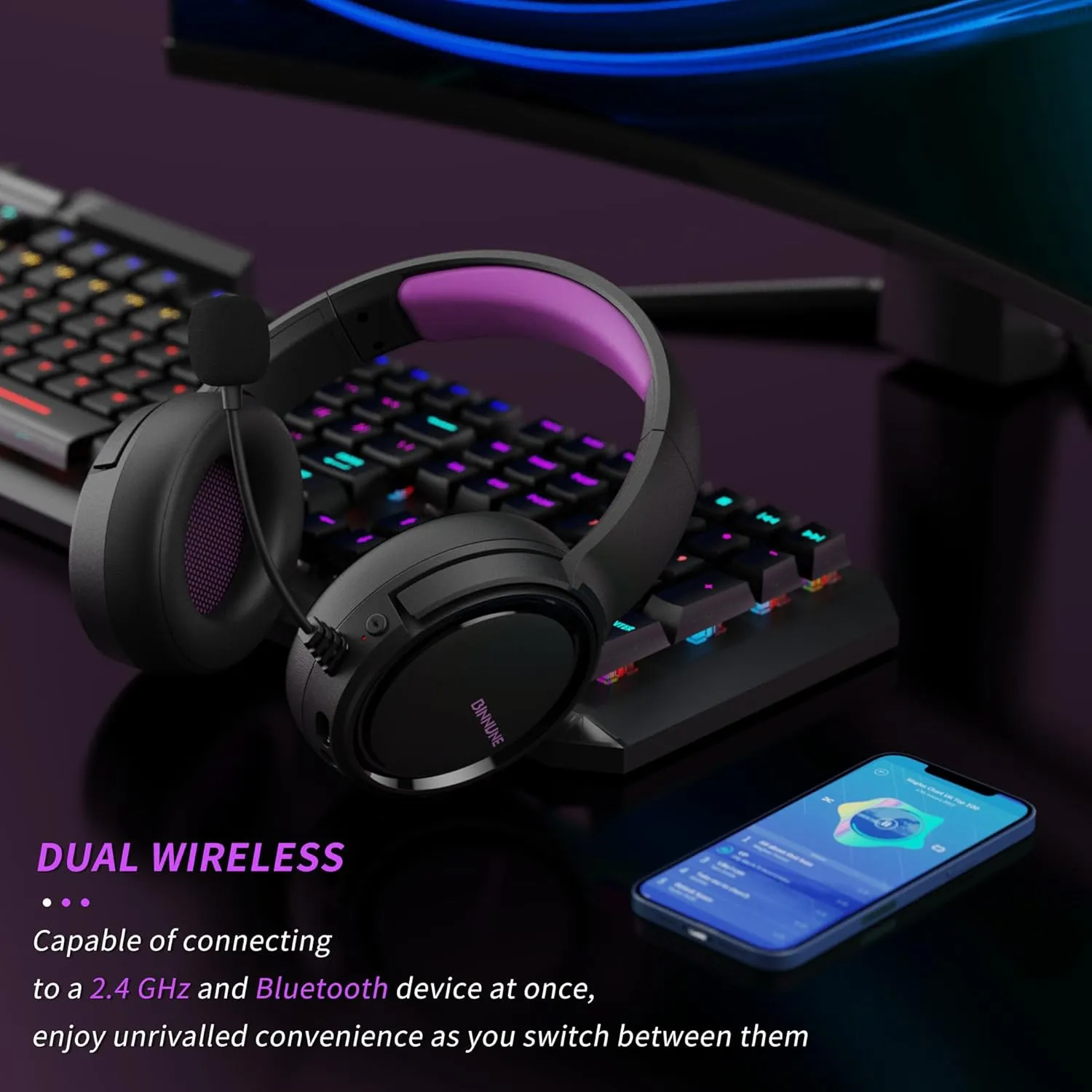 BINNUNE Wireless Gaming Headset, 2.4GHz Gaming Headphones for PS4, PS5, PC, NS, Bluetooth 5.3 Headphones with 40Hr Battery, Noise Canceling Microphone, Stereo Sound for Laptop, Mobile, Mac - Purple