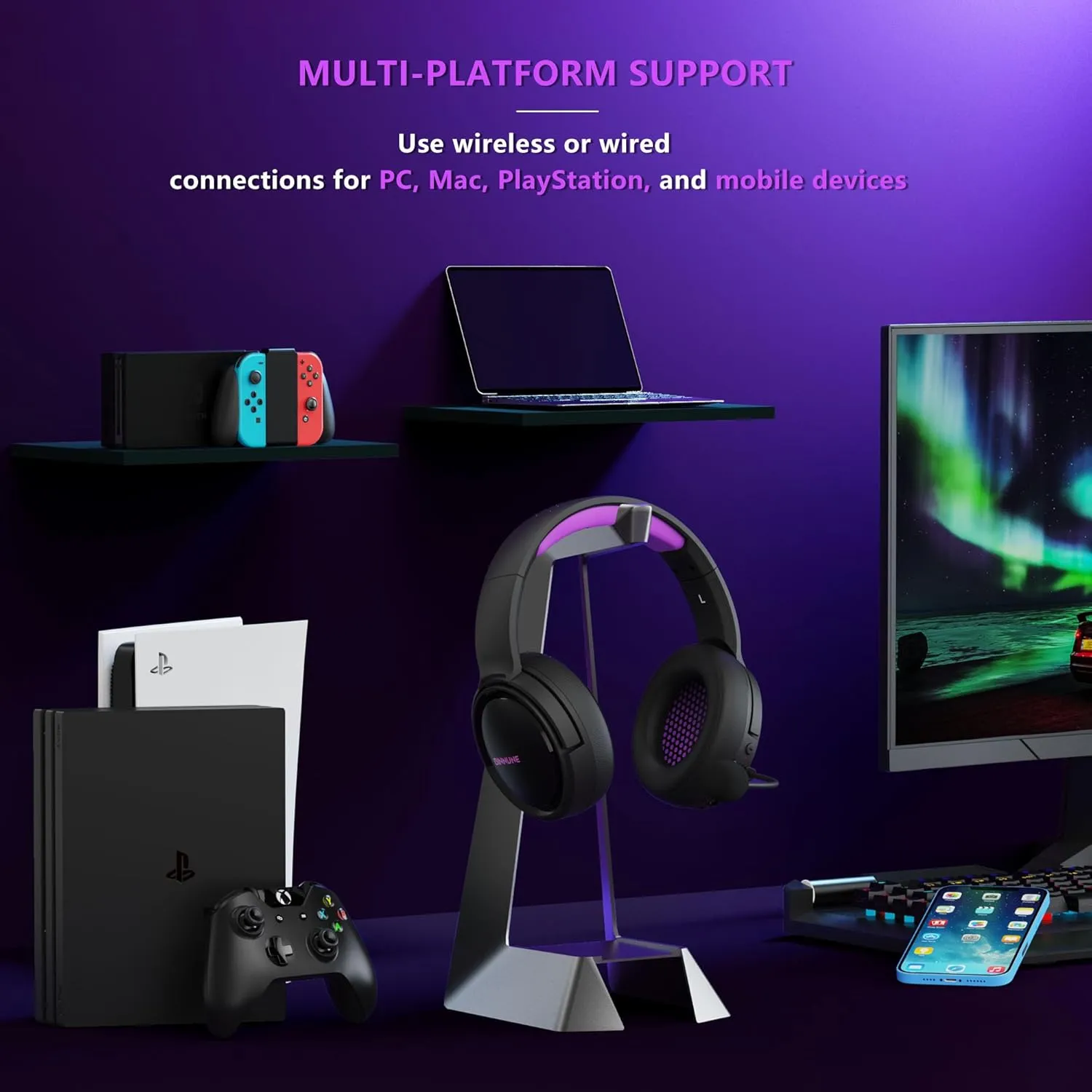 BINNUNE Wireless Gaming Headset, 2.4GHz Gaming Headphones for PS4, PS5, PC, NS, Bluetooth 5.3 Headphones with 40Hr Battery, Noise Canceling Microphone, Stereo Sound for Laptop, Mobile, Mac - Purple