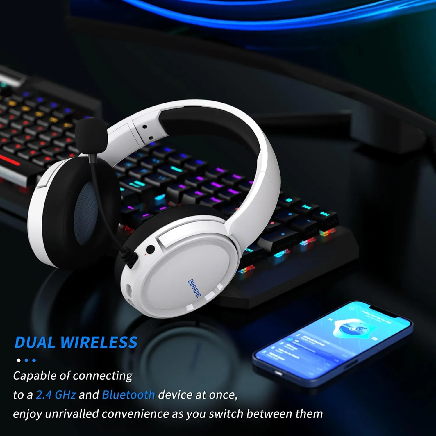 BINNUNE Wireless Gaming Headset, 2.4GHz Gaming Headphones for PS4, PS5, PC, NS, Bluetooth 5.3 Headphones with 40Hr Battery, Noise Canceling Microphone, Stereo Sound for Laptop, Mobile, Mac - White