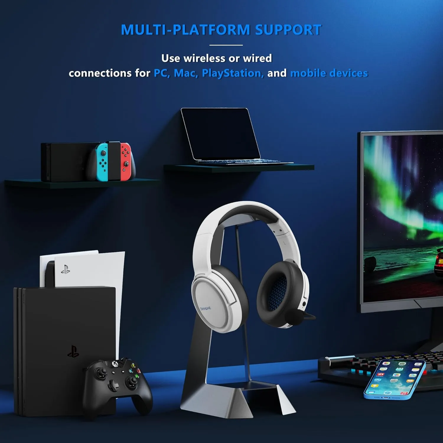 BINNUNE Wireless Gaming Headset, 2.4GHz Gaming Headphones for PS4, PS5, PC, NS, Bluetooth 5.3 Headphones with 40Hr Battery, Noise Canceling Microphone, Stereo Sound for Laptop, Mobile, Mac - White