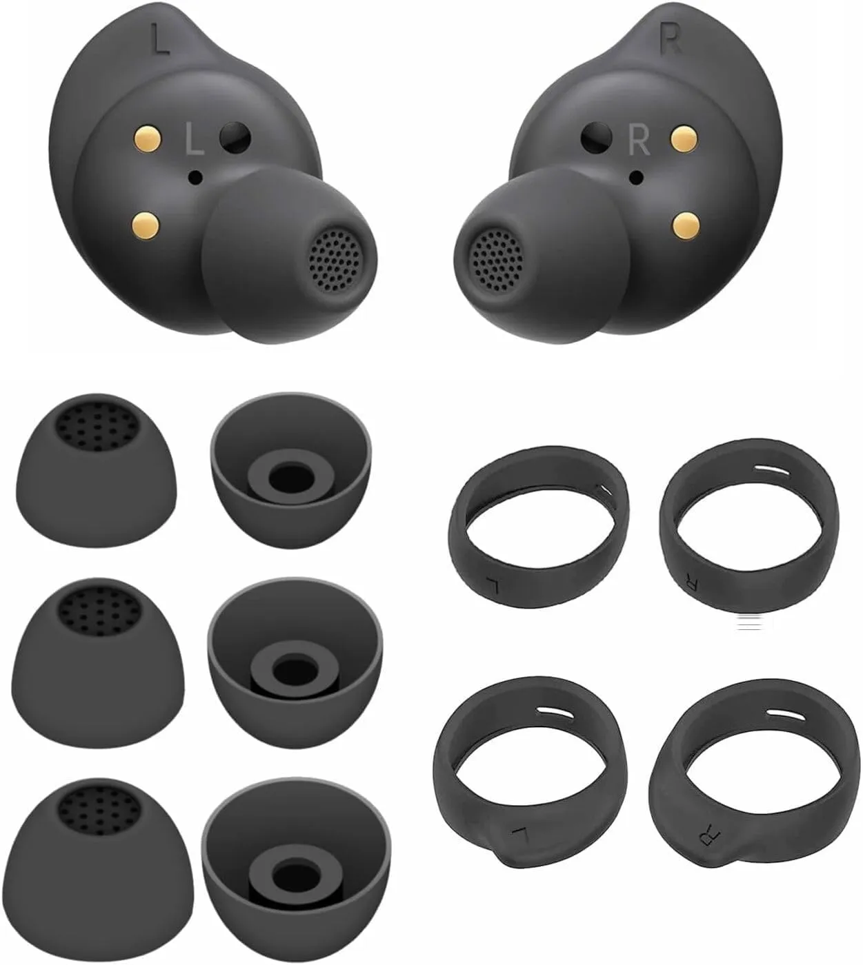 BLUEWALL Ear Tips eartips Compatible with Galaxy Buds FE Earbuds, 2 Pairs S/L Sizes Earhooks & 3 Pairs S/M/L Sizes Ear Tips Replacement, Compatible with Galaxy Buds FE Earbuds SM-R400 4 6 Black