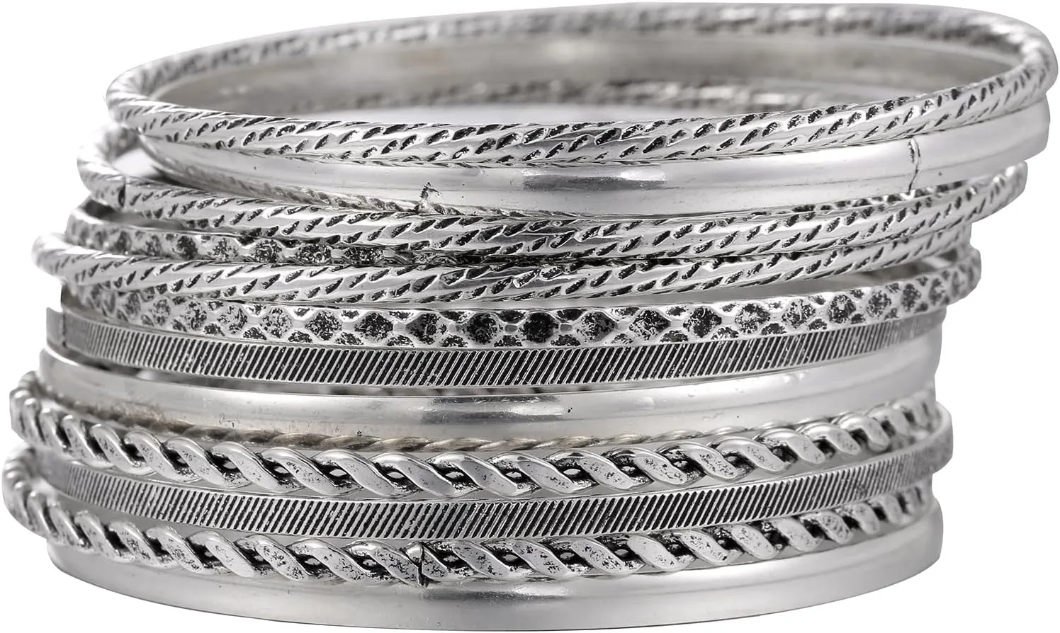 Bohemian Silver Bangle Bracelets Set for Women- Multi Layer Stackable Textured Bracelet Retro Indian Chunky Cable Twisted Wristband for Women Best Friend Wedding Bridal Birthday Party Gift