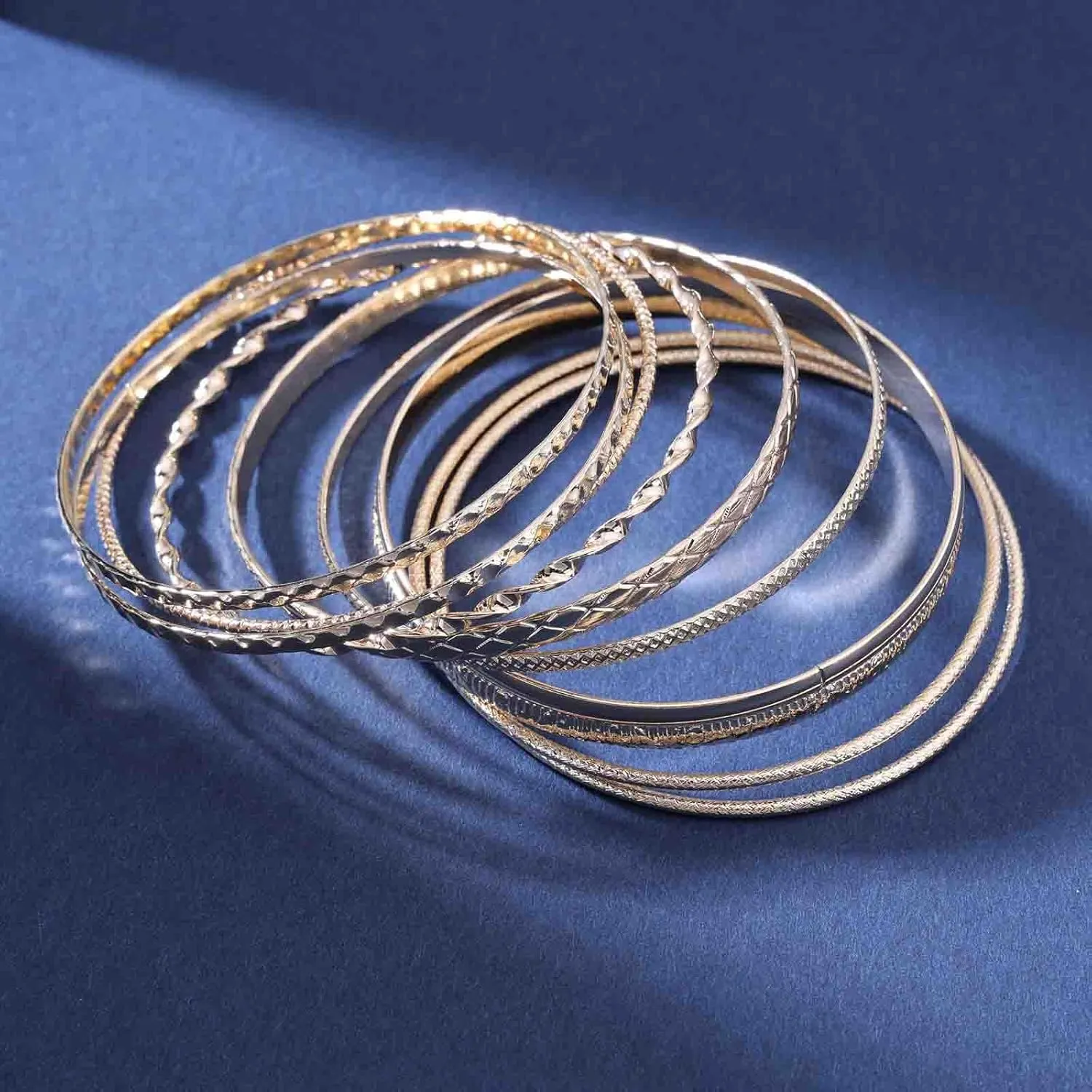 Boho Gold Bangle Bracelet Filled Hammered Bracelet Texture Stacking Bracelet Thin Round Bangle Bracelets Hinged Classic Bracelet Jewelry Set for Women(Gold1)