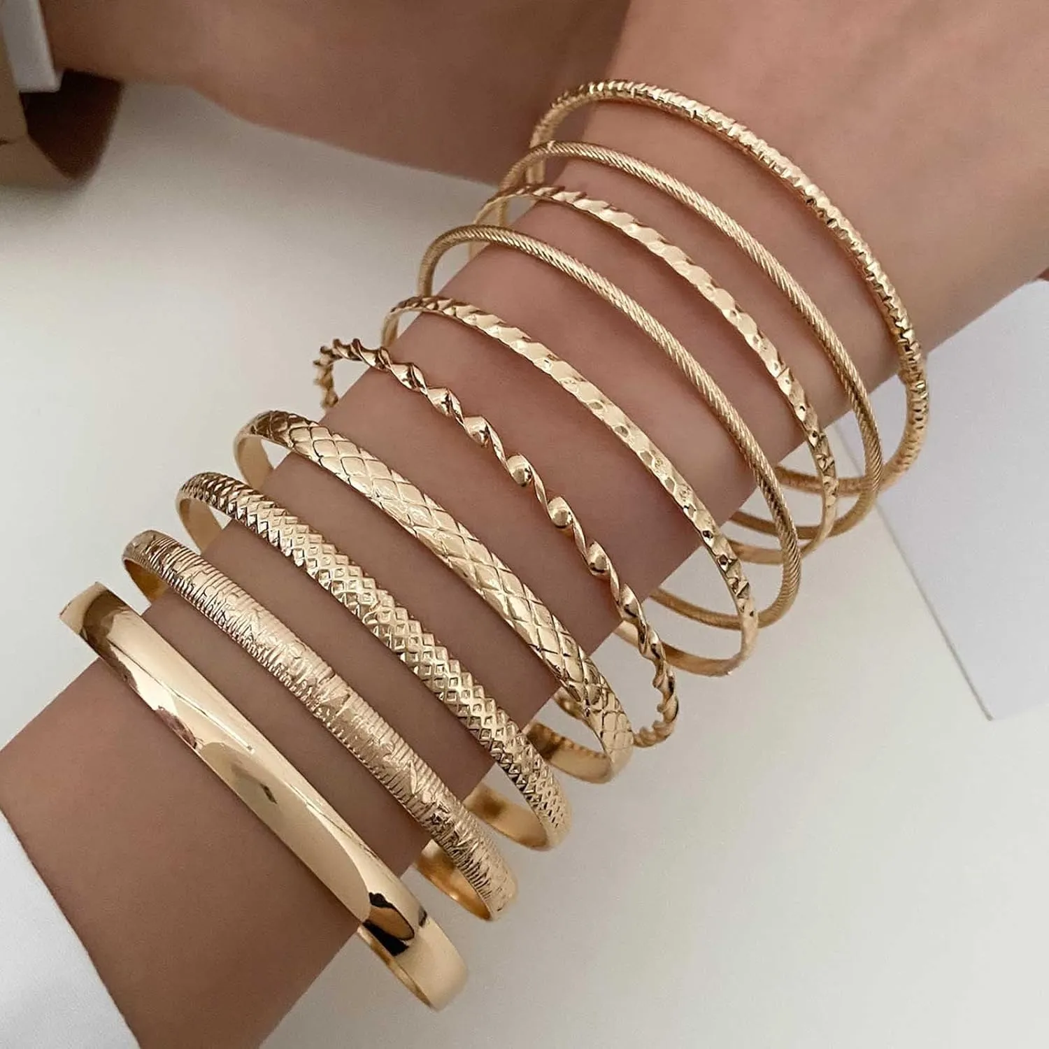Boho Gold Bangle Bracelet Filled Hammered Bracelet Texture Stacking Bracelet Thin Round Bangle Bracelets Hinged Classic Bracelet Jewelry Set for Women(Gold1)
