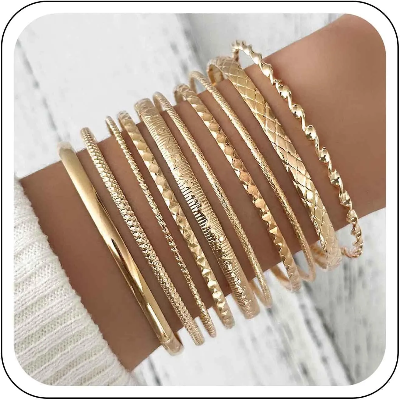 Boho Gold Bangle Bracelet Filled Hammered Bracelet Texture Stacking Bracelet Thin Round Bangle Bracelets Hinged Classic Bracelet Jewelry Set for Women(Gold1)