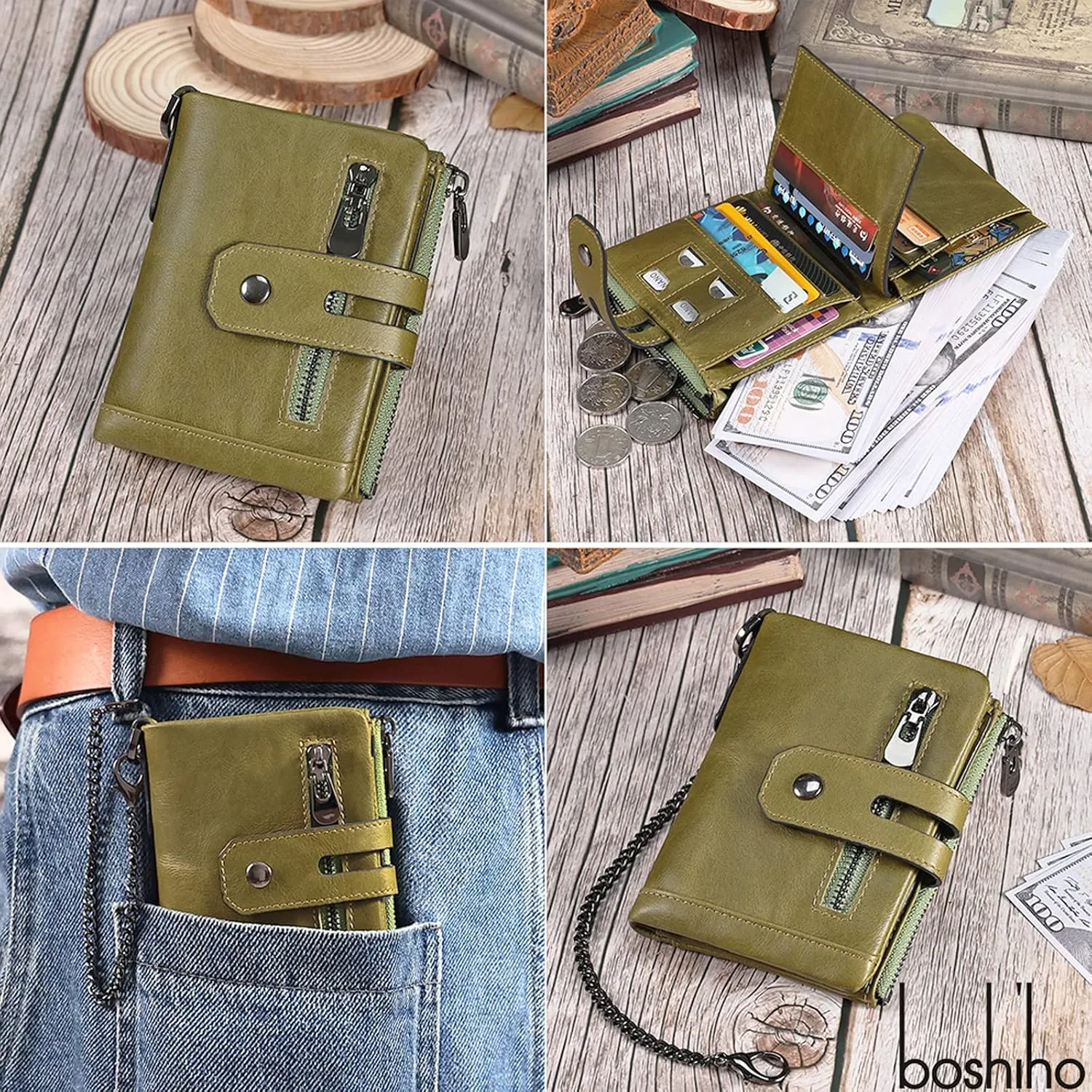 boshiho Mens Wallet with Chain RFID Blocking Genuine Leather Double Zipper Bifold Wallet with Coin Pocket Purse & 2 Anti-Theft Chain, Gift For Father