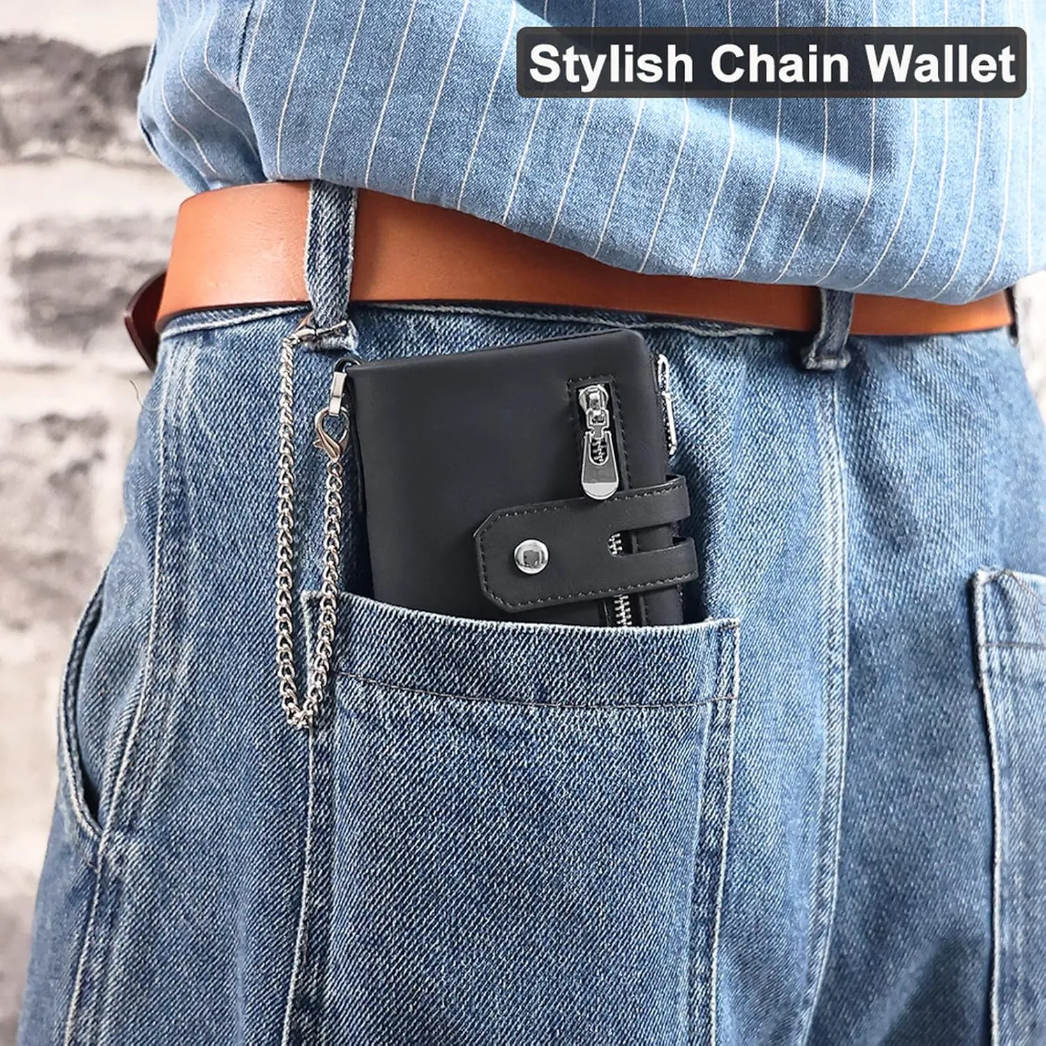 boshiho Mens Wallet with Chain RFID Blocking Genuine Leather Double Zipper Bifold Wallet with Coin Pocket Purse & 2 Anti-Theft Chain, Gift For Father