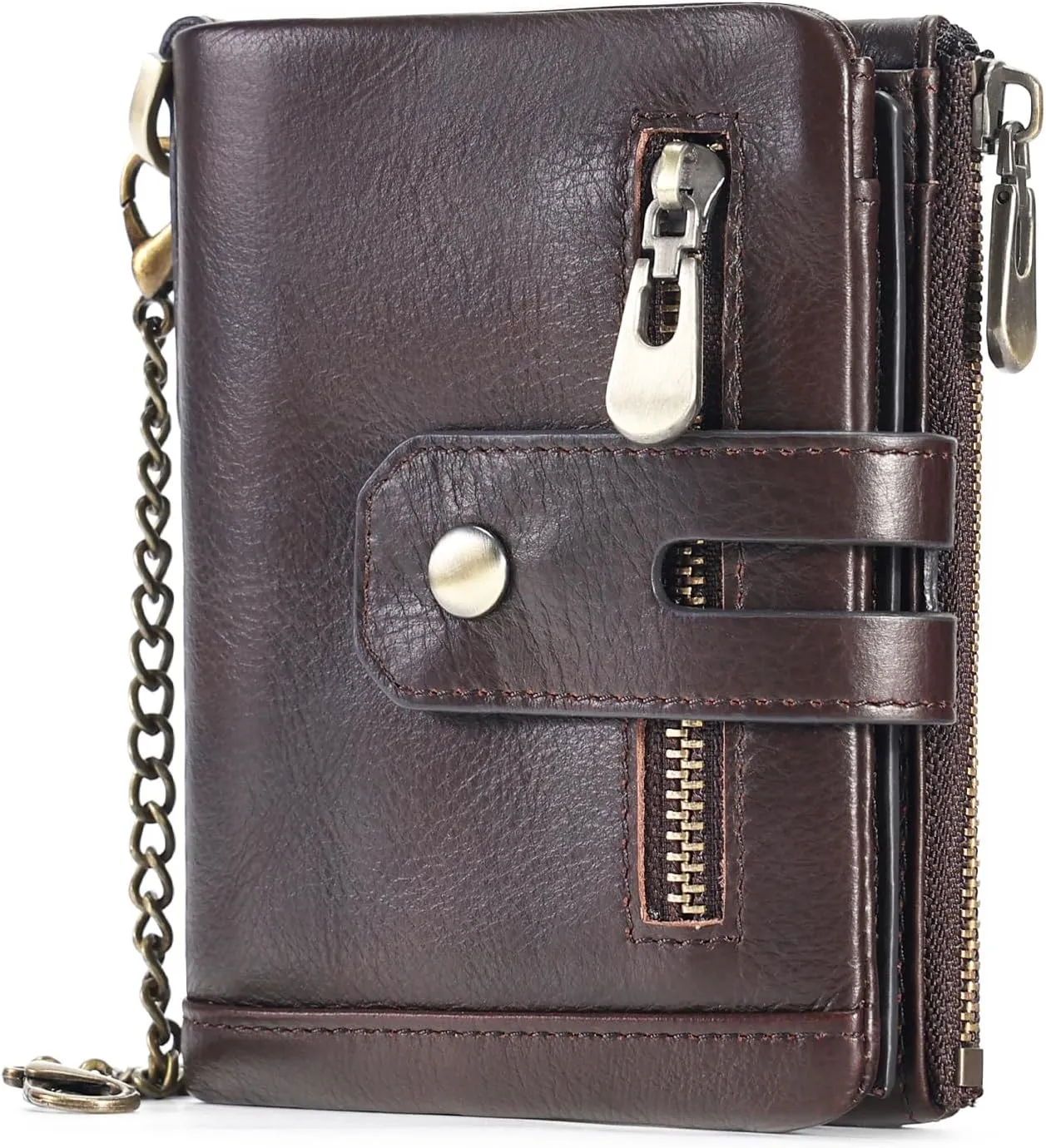 boshiho Mens Wallet with Chain RFID Blocking Genuine Leather Double Zipper Bifold Wallet with Coin Pocket Purse & 2 Anti-Theft Chain, Gift For Father