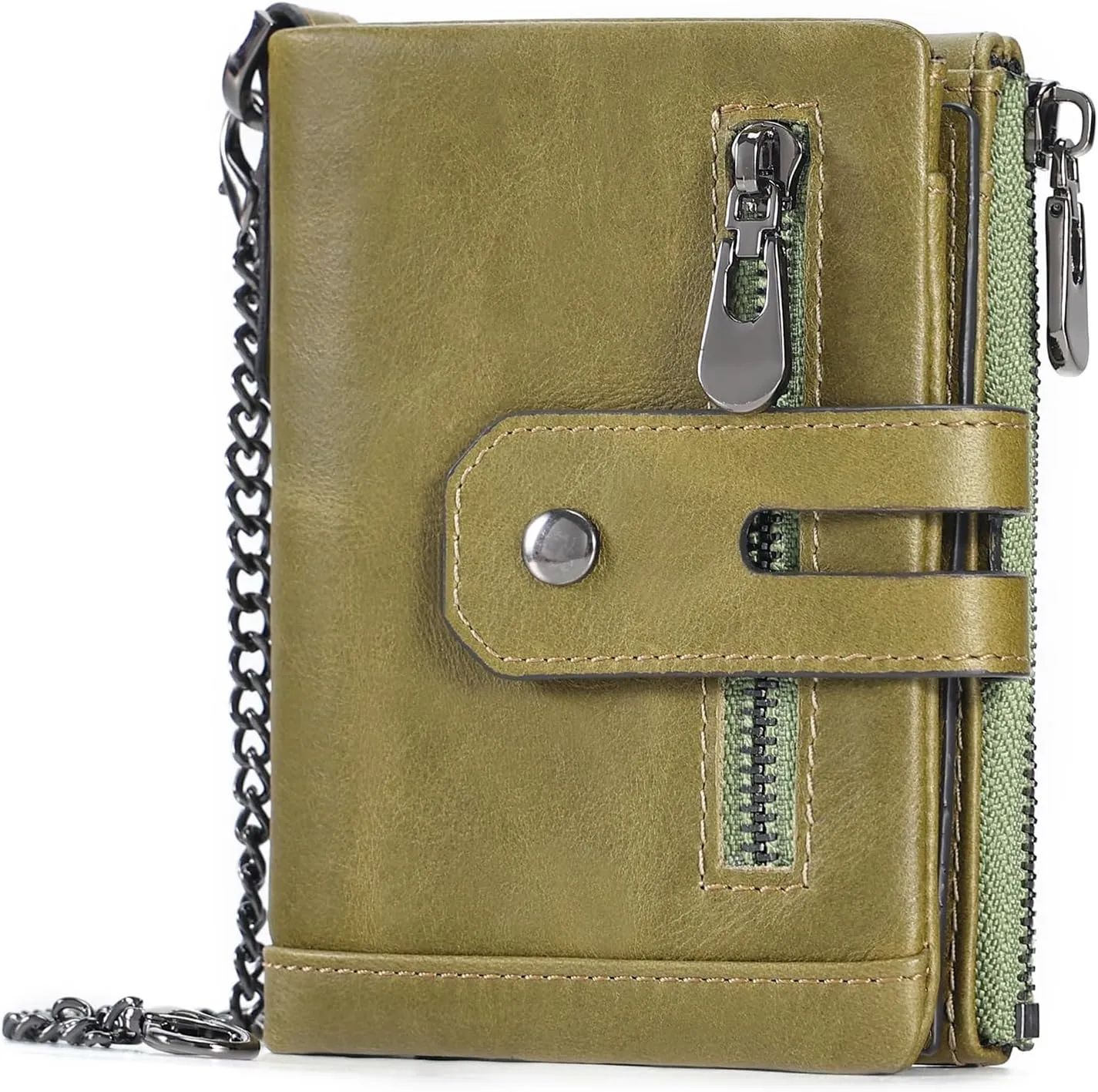 boshiho Mens Wallet with Chain RFID Blocking Genuine Leather Double Zipper Bifold Wallet with Coin Pocket Purse & 2 Anti-Theft Chain, Gift For Father