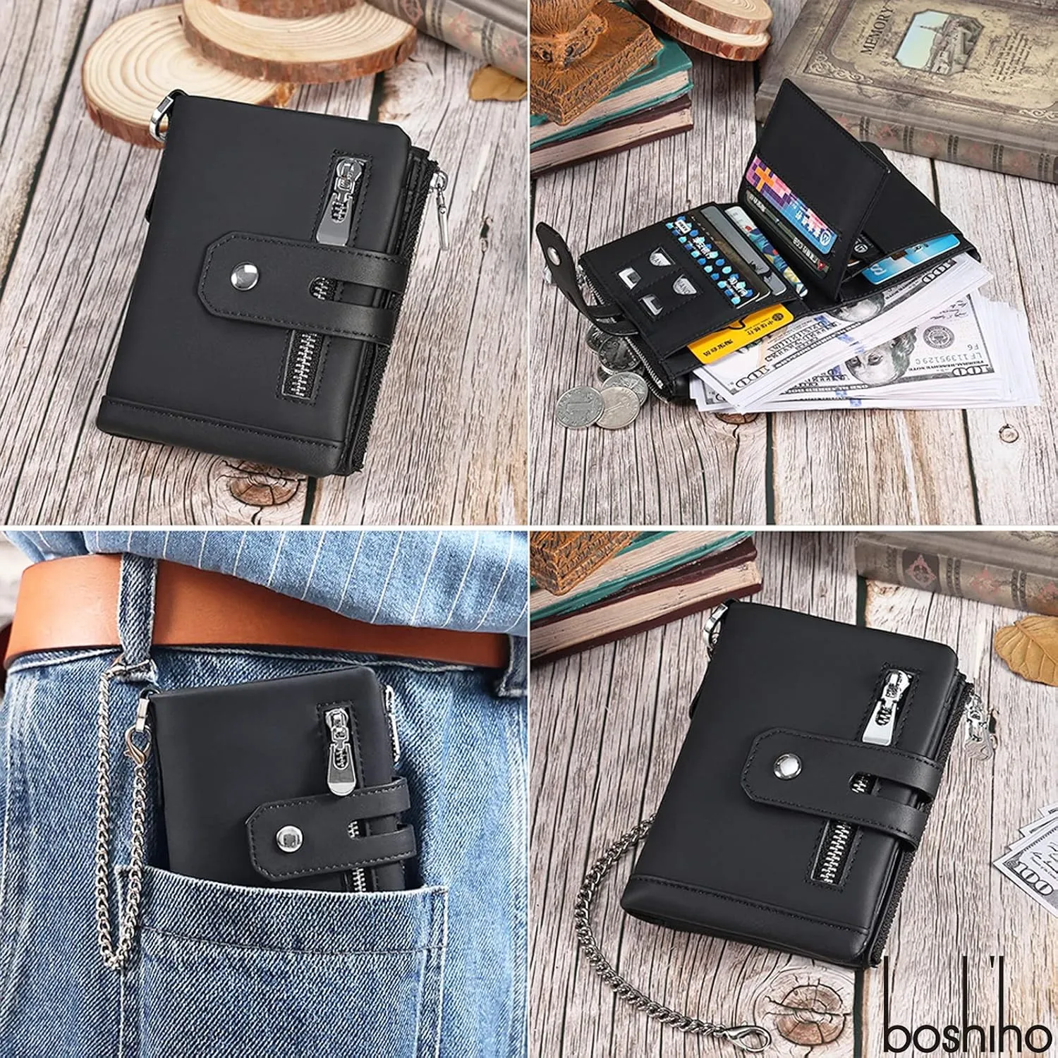 boshiho Mens Wallet with Chain RFID Blocking Genuine Leather Double Zipper Bifold Wallet with Coin Pocket Purse & 2 Anti-Theft Chain, Gift For Father