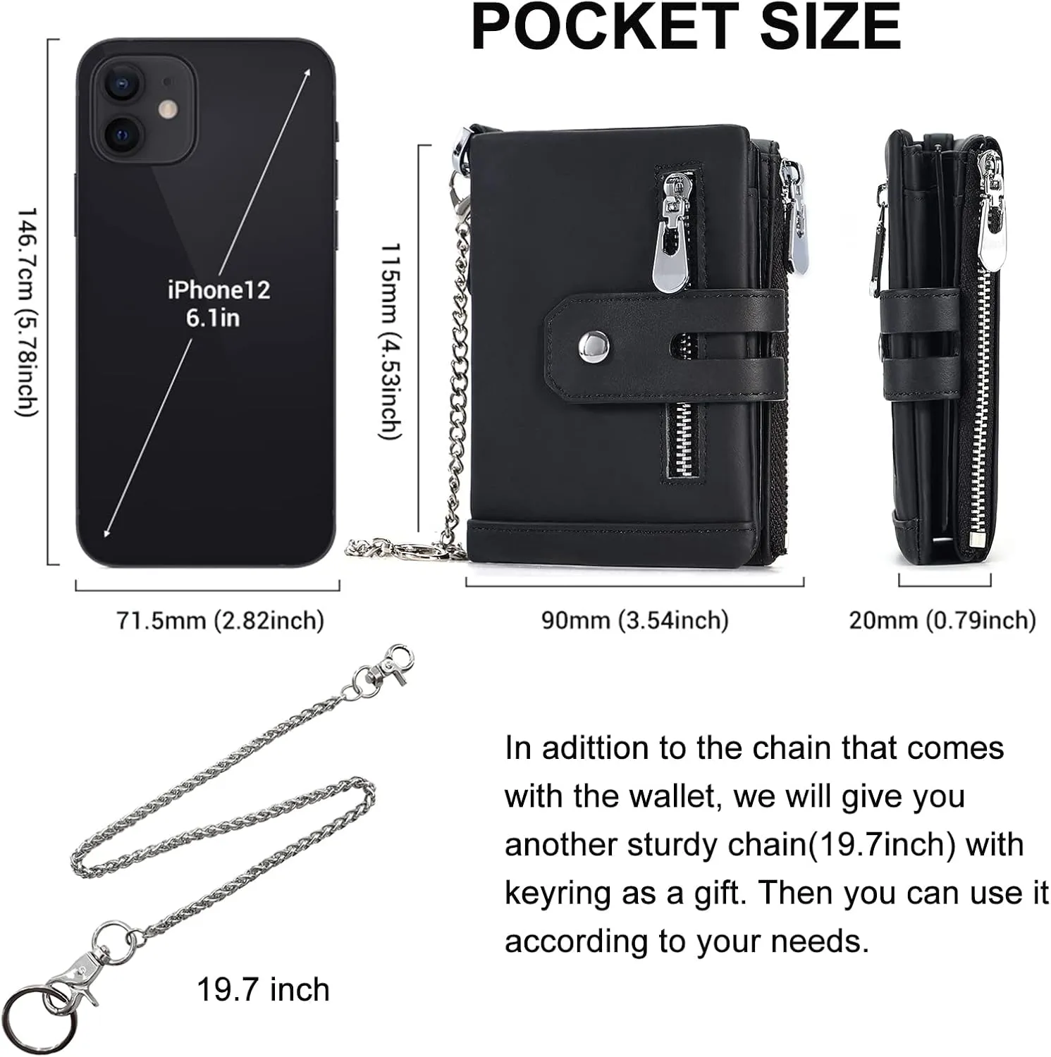 boshiho Mens Wallet with Chain RFID Blocking Genuine Leather Double Zipper Bifold Wallet with Coin Pocket Purse & 2 Anti-Theft Chain, Gift For Father