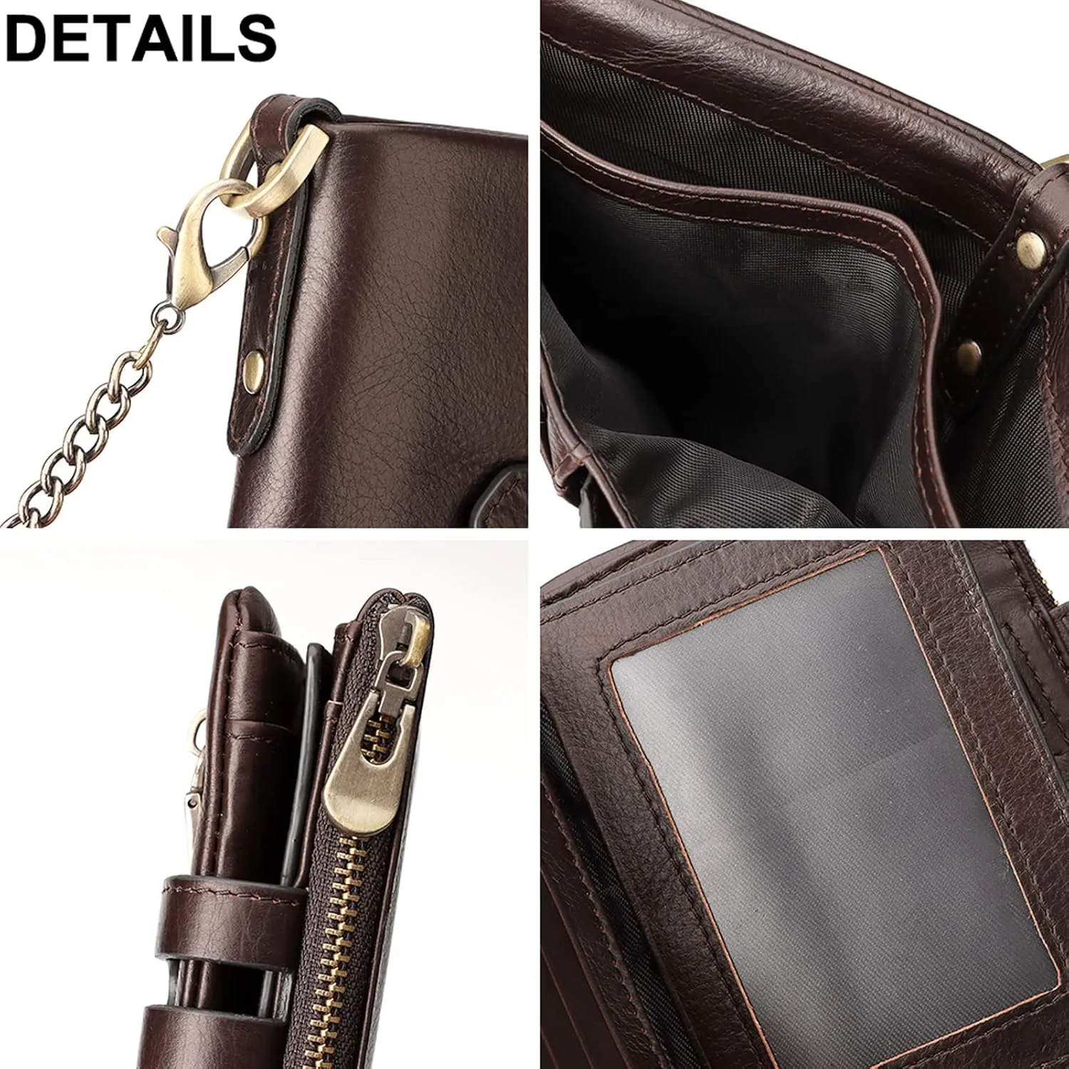 boshiho Mens Wallet with Chain RFID Blocking Genuine Leather Double Zipper Bifold Wallet with Coin Pocket Purse & 2 Anti-Theft Chain, Gift For Father