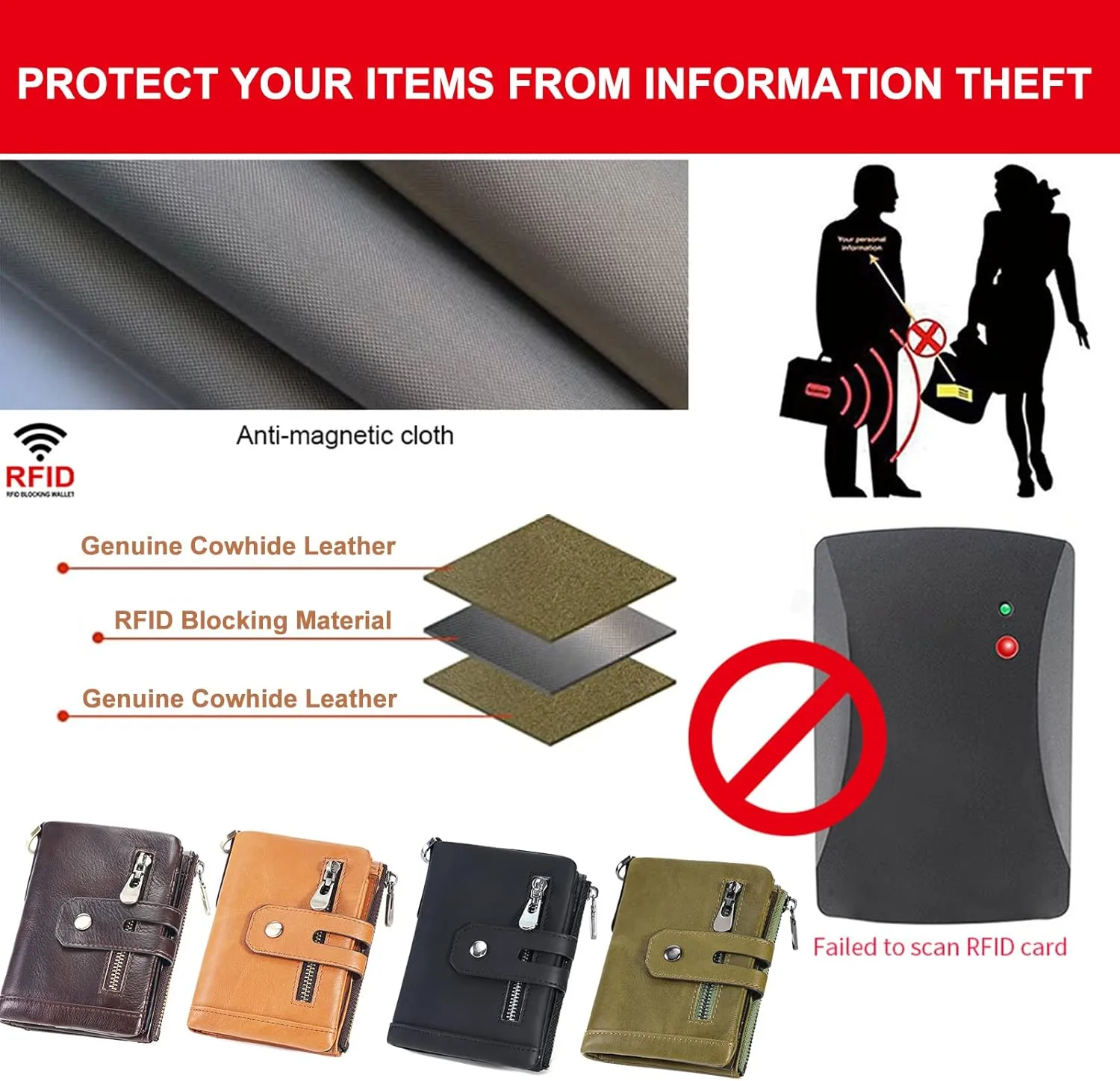 boshiho Mens Wallet with Chain RFID Blocking Genuine Leather Double Zipper Bifold Wallet with Coin Pocket Purse & 2 Anti-Theft Chain, Gift For Father