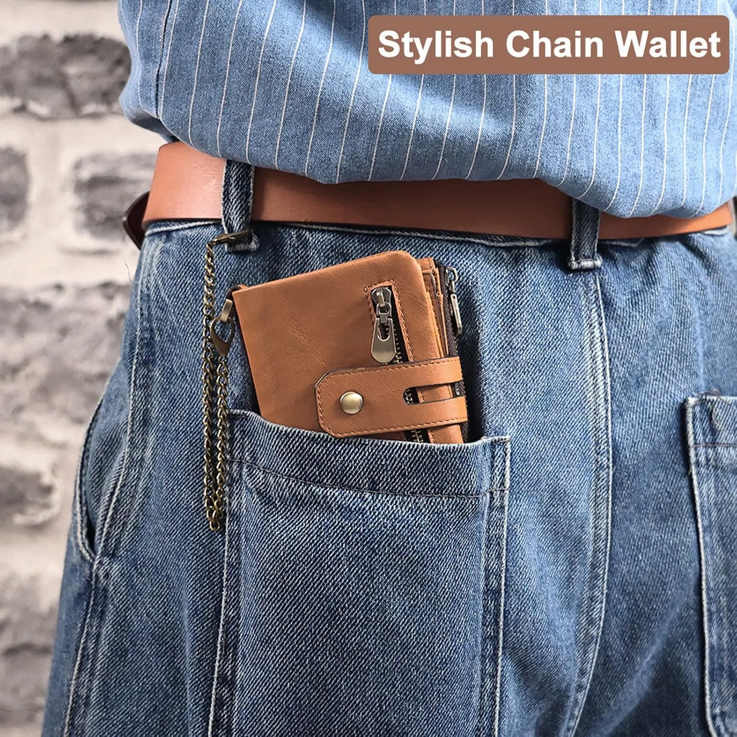 boshiho Mens Wallet with Chain RFID Blocking Genuine Leather Double Zipper Bifold Wallet with Coin Pocket Purse & 2 Anti-Theft Chain, Gift For Father