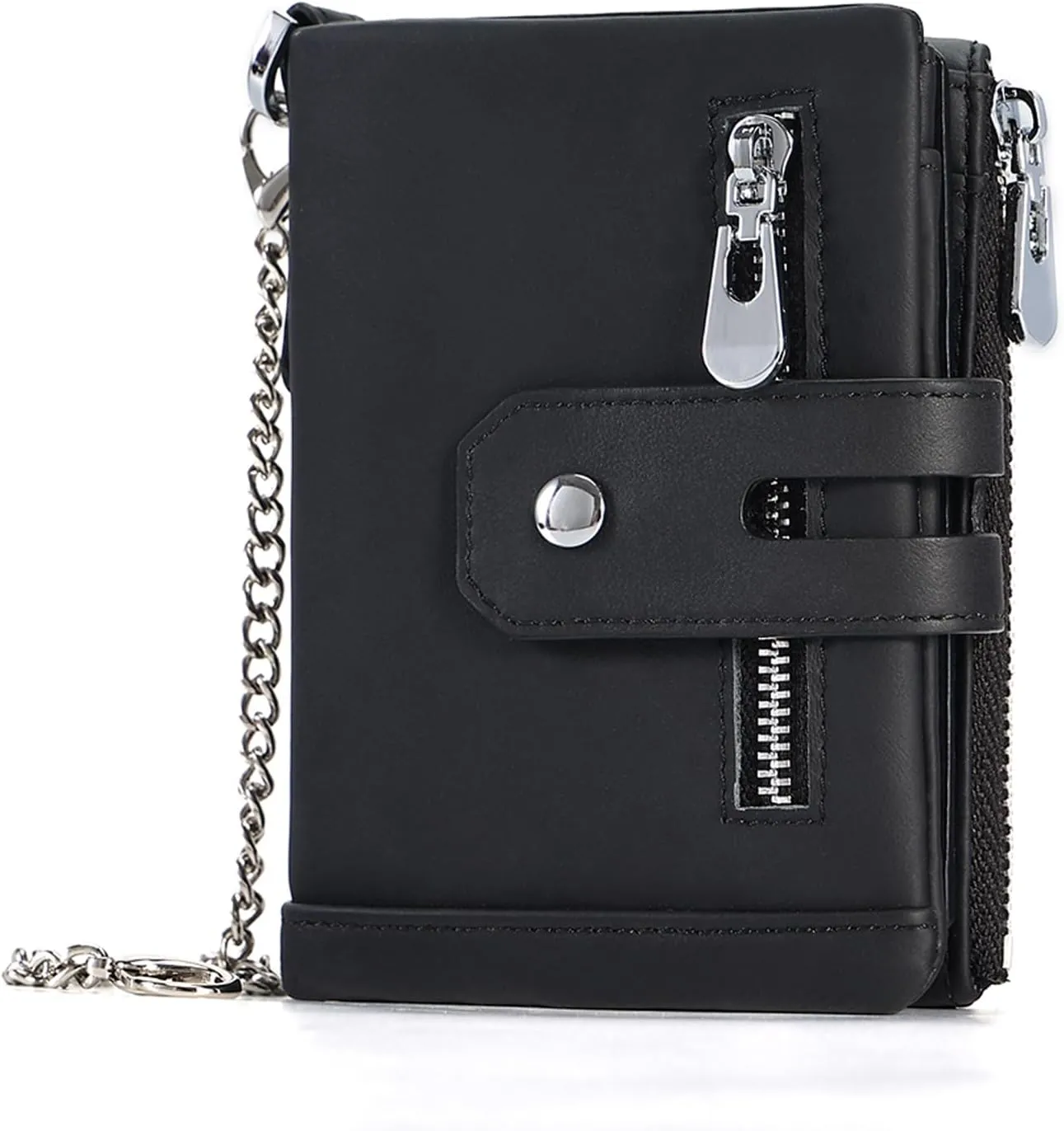 boshiho Mens Wallet with Chain RFID Blocking Genuine Leather Double Zipper Bifold Wallet with Coin Pocket Purse & 2 Anti-Theft Chain, Gift For Father