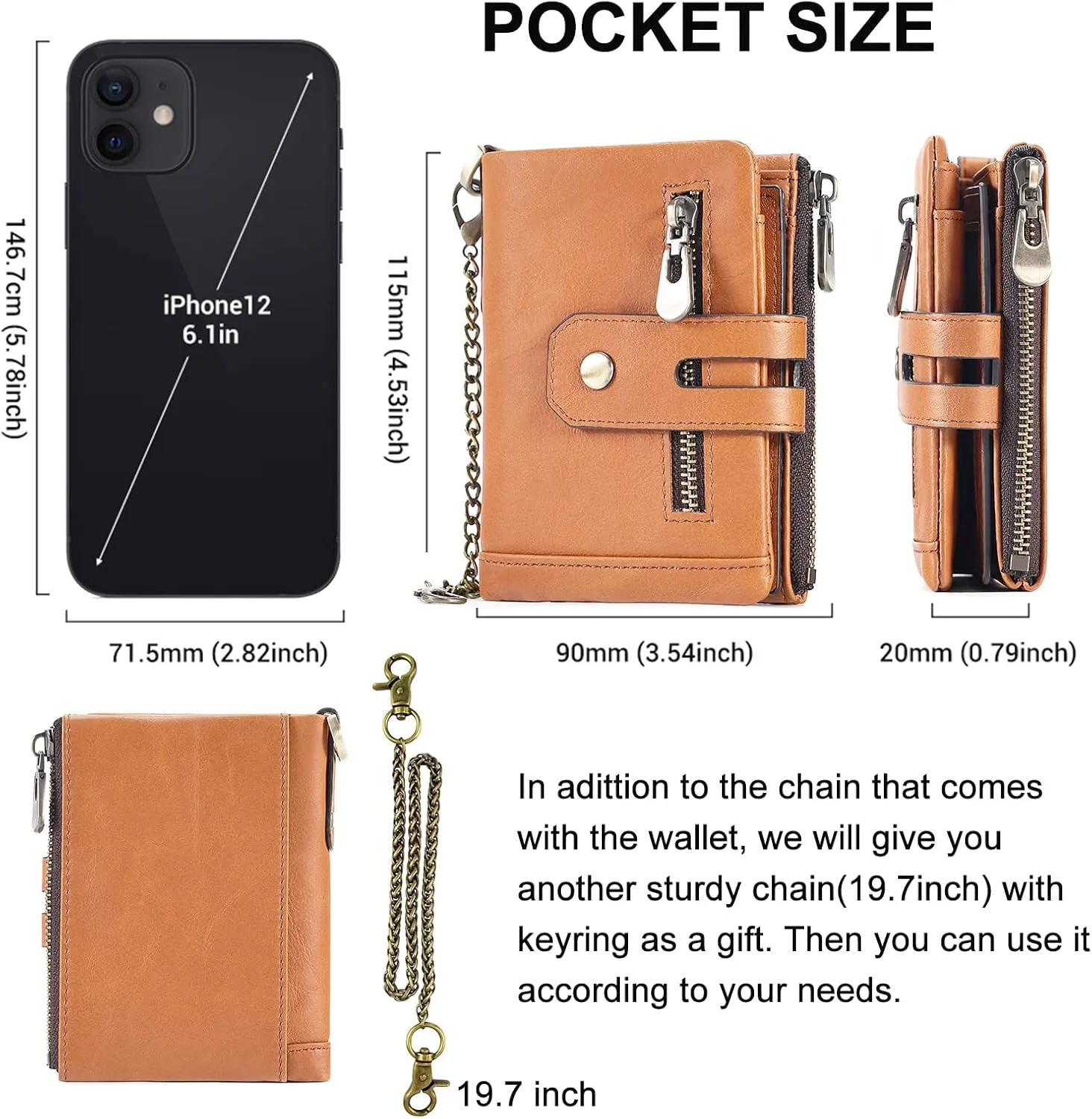 boshiho Mens Wallet with Chain RFID Blocking Genuine Leather Double Zipper Bifold Wallet with Coin Pocket Purse & 2 Anti-Theft Chain, Gift For Father