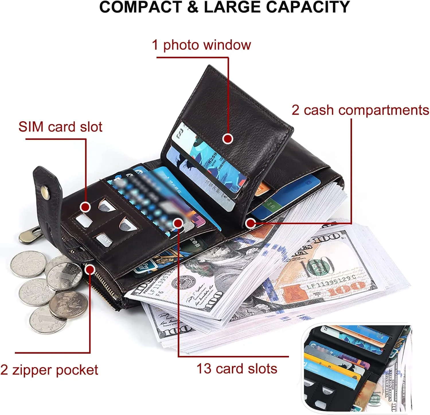 boshiho Mens Wallet with Chain RFID Blocking Genuine Leather Double Zipper Bifold Wallet with Coin Pocket Purse & 2 Anti-Theft Chain, Gift For Father