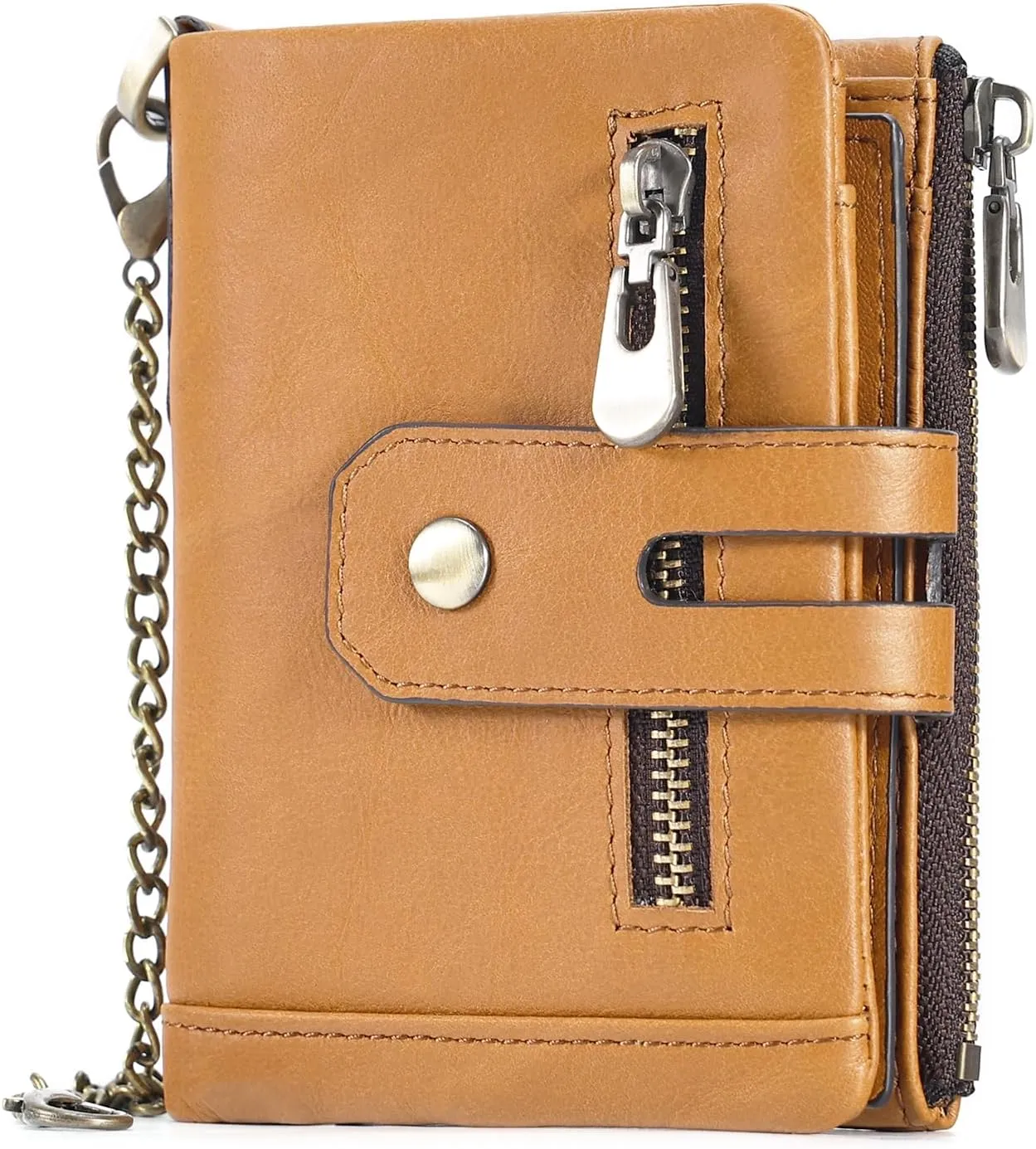boshiho Mens Wallet with Chain RFID Blocking Genuine Leather Double Zipper Bifold Wallet with Coin Pocket Purse & 2 Anti-Theft Chain, Gift For Father