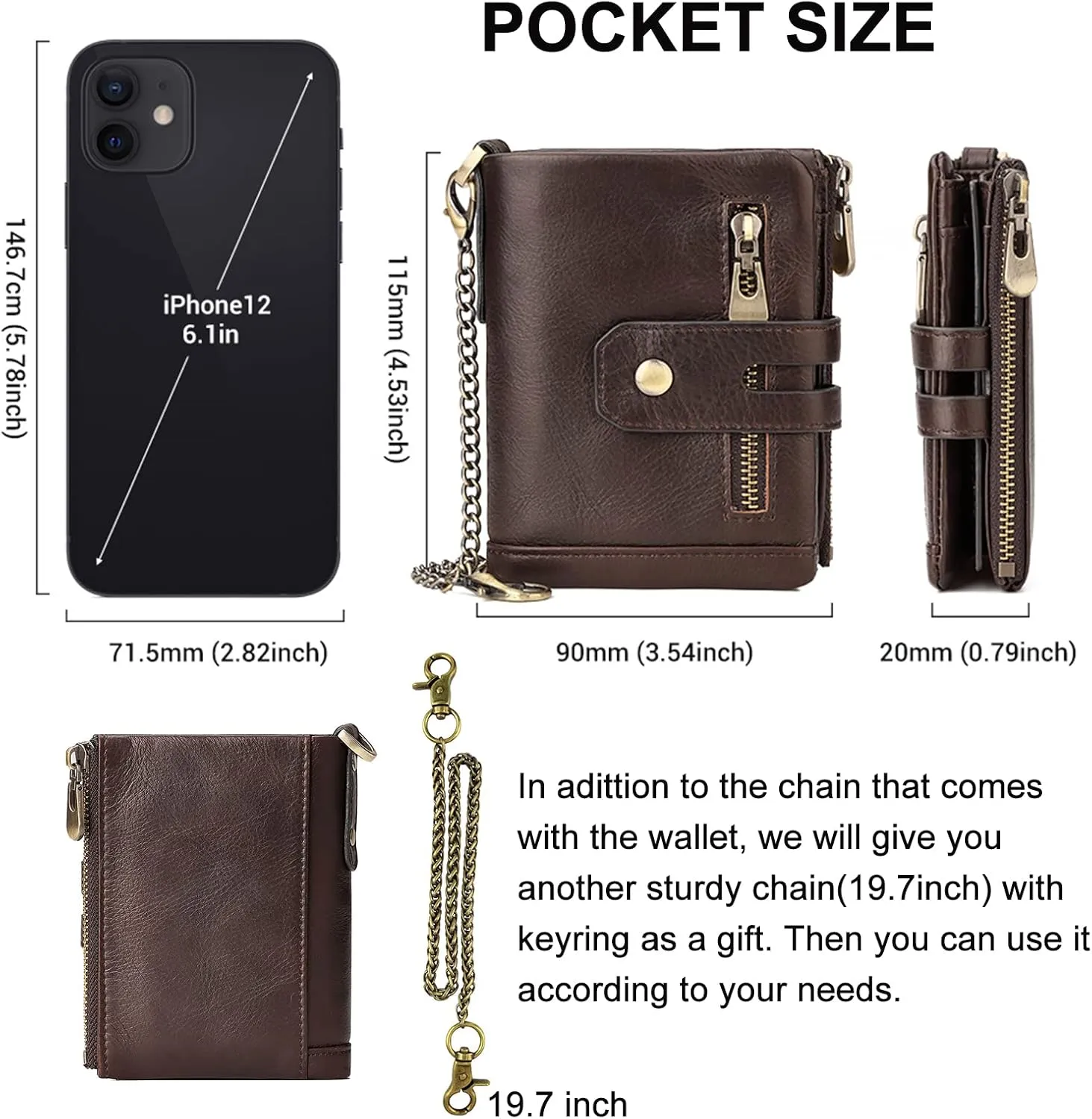 boshiho Mens Wallet with Chain RFID Blocking Genuine Leather Double Zipper Bifold Wallet with Coin Pocket Purse & 2 Anti-Theft Chain, Gift For Father
