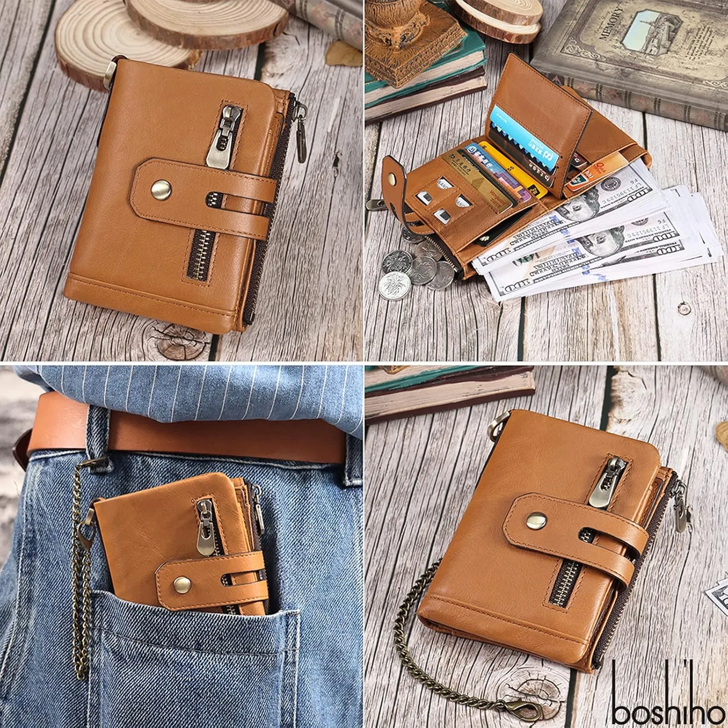 boshiho Mens Wallet with Chain RFID Blocking Genuine Leather Double Zipper Bifold Wallet with Coin Pocket Purse & 2 Anti-Theft Chain, Gift For Father