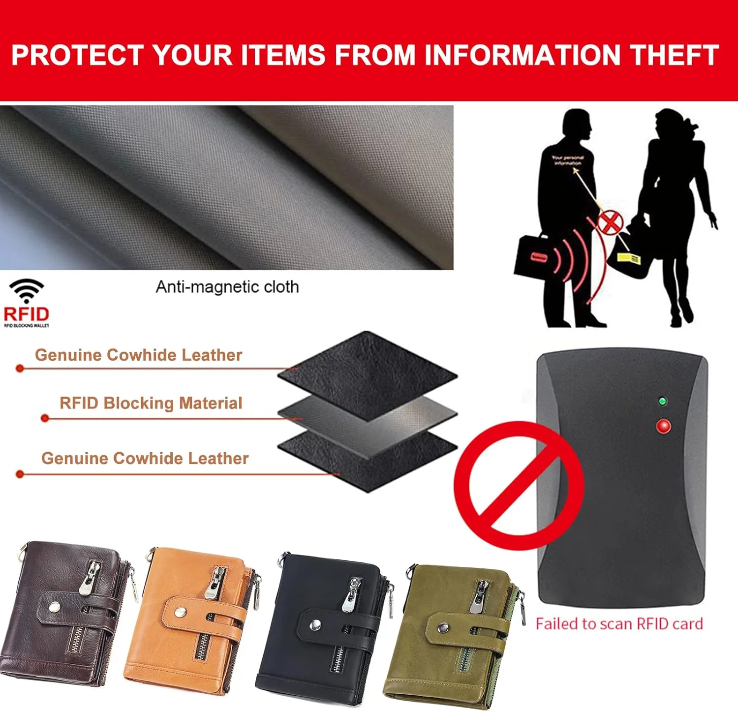 boshiho Mens Wallet with Chain RFID Blocking Genuine Leather Double Zipper Bifold Wallet with Coin Pocket Purse & 2 Anti-Theft Chain, Gift For Father