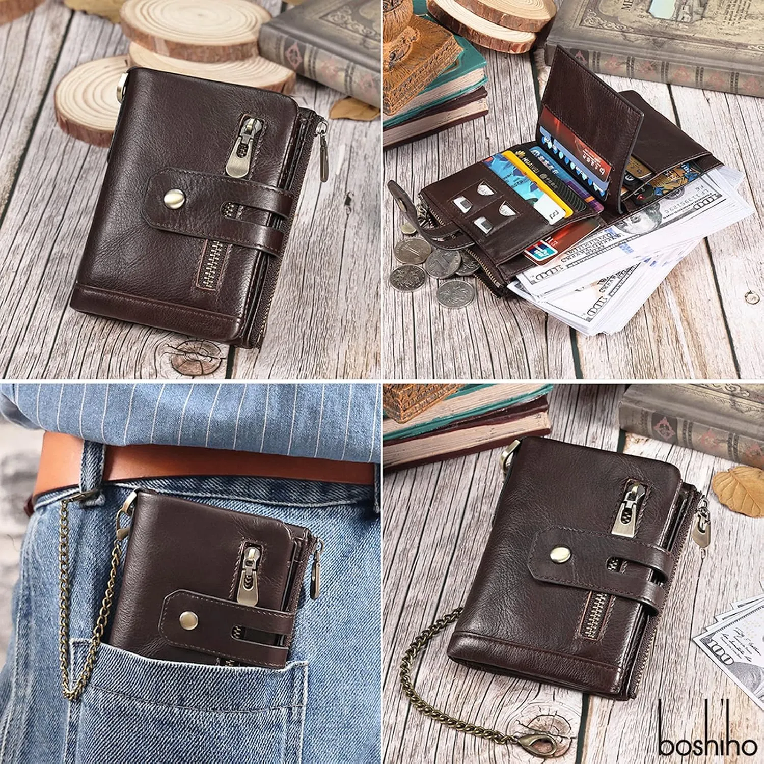 boshiho Mens Wallet with Chain RFID Blocking Genuine Leather Double Zipper Bifold Wallet with Coin Pocket Purse & 2 Anti-Theft Chain, Gift For Father