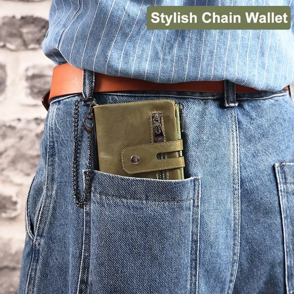 boshiho Mens Wallet with Chain RFID Blocking Genuine Leather Double Zipper Bifold Wallet with Coin Pocket Purse & 2 Anti-Theft Chain, Gift For Father