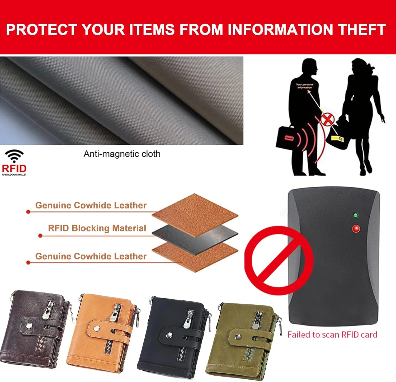 boshiho Mens Wallet with Chain RFID Blocking Genuine Leather Double Zipper Bifold Wallet with Coin Pocket Purse & 2 Anti-Theft Chain, Gift For Father