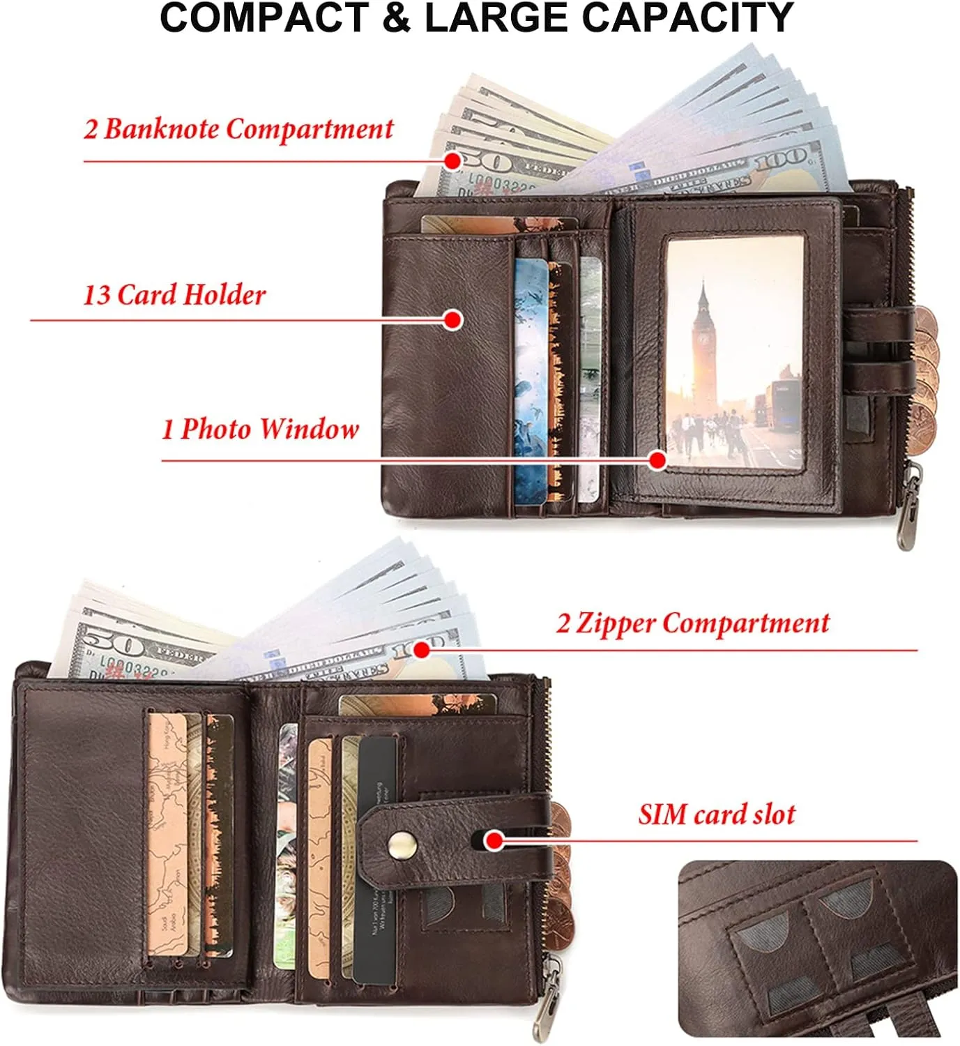 boshiho Mens Wallet with Chain RFID Blocking Genuine Leather Double Zipper Bifold Wallet with Coin Pocket Purse & 2 Anti-Theft Chain, Gift For Father