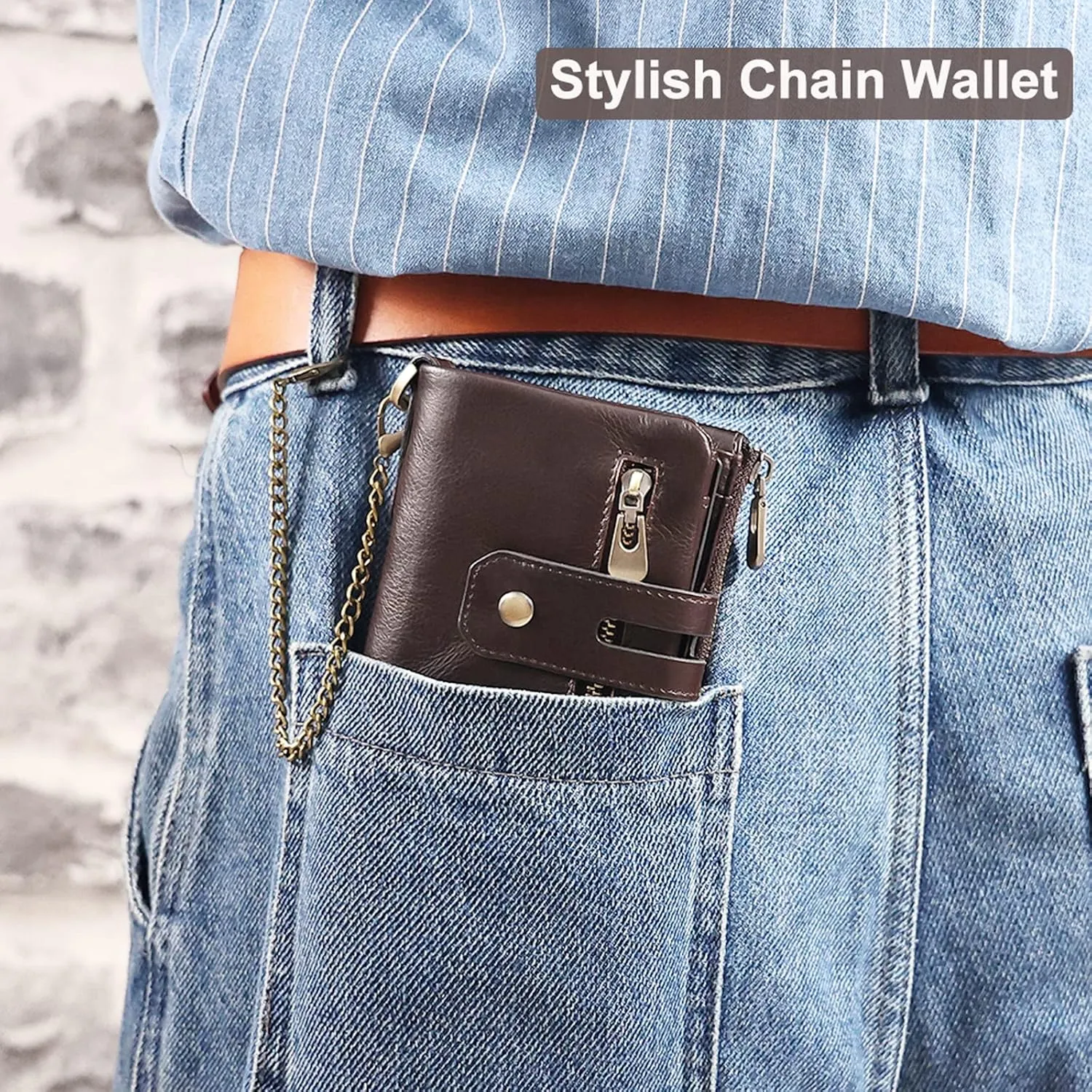 boshiho Mens Wallet with Chain RFID Blocking Genuine Leather Double Zipper Bifold Wallet with Coin Pocket Purse & 2 Anti-Theft Chain, Gift For Father
