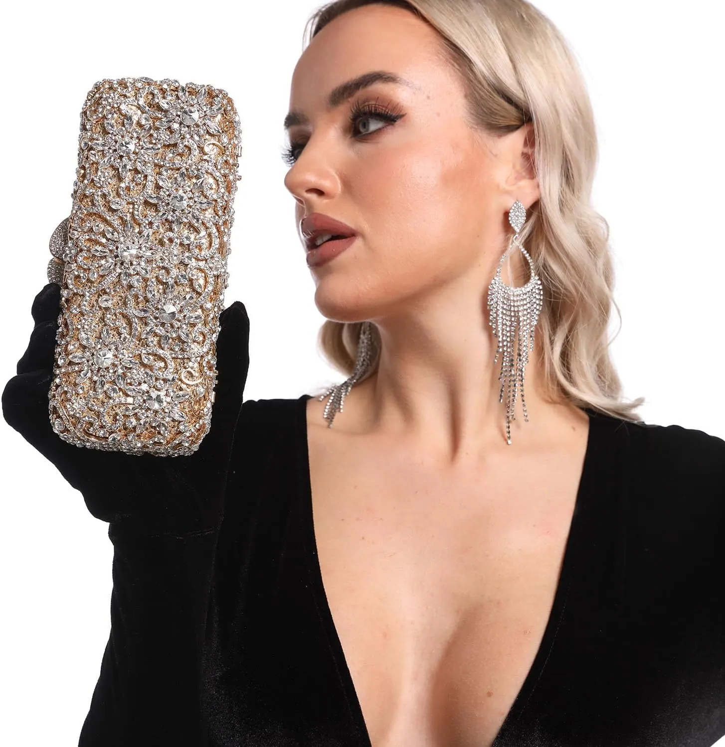 Boutique De FGG Bling Flower Crystal Clutch Evening Bags for Women Formal Party Rhinestone Clutch Purse Wedding Handbag,Mini