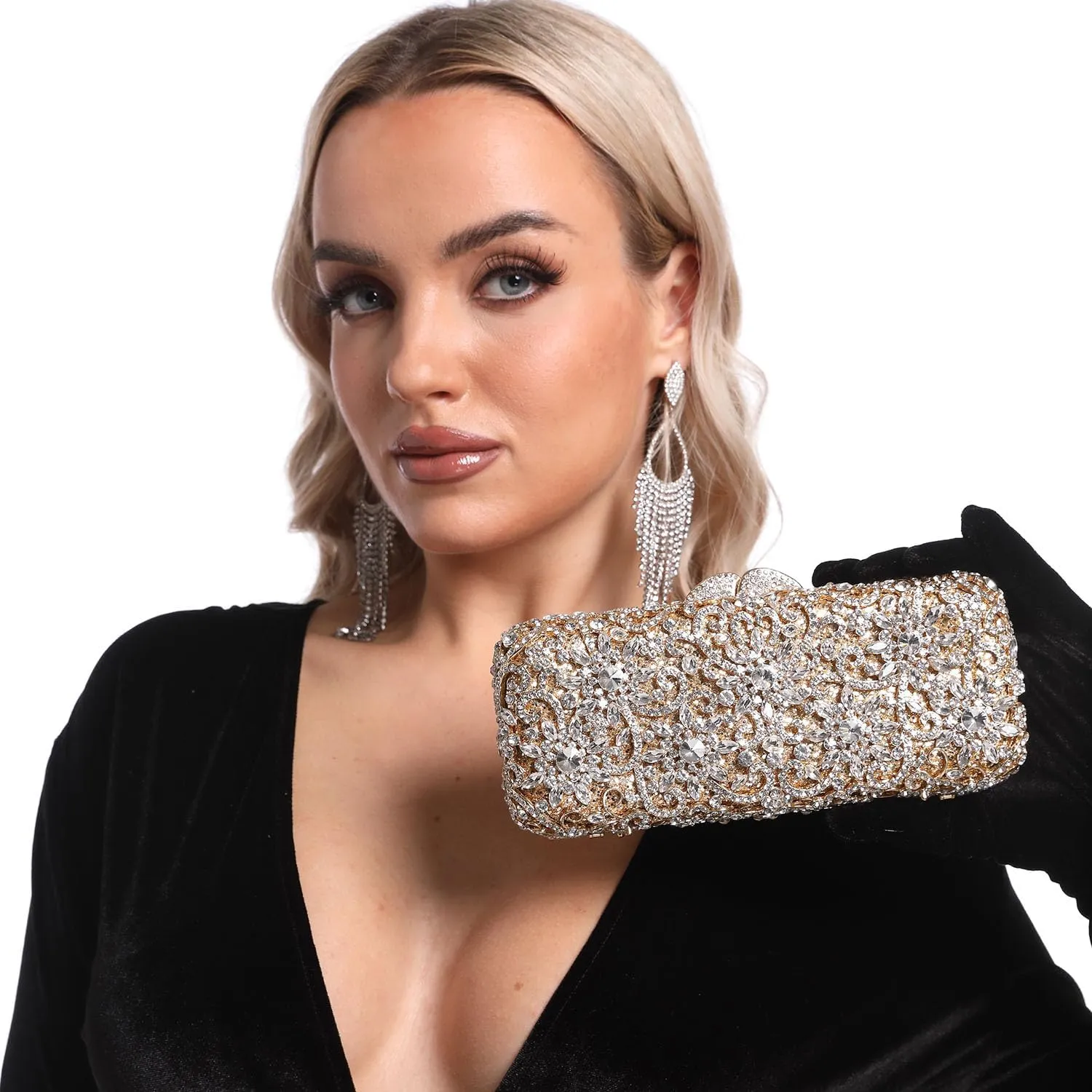 Boutique De FGG Bling Flower Crystal Clutch Evening Bags for Women Formal Party Rhinestone Clutch Purse Wedding Handbag,Mini