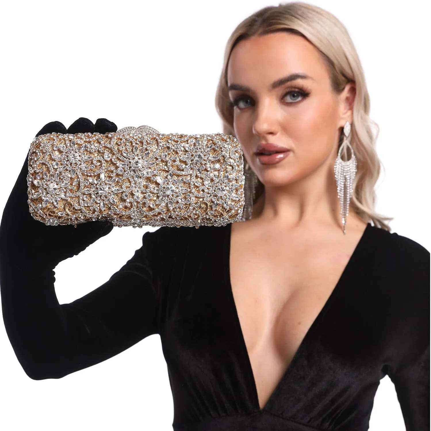 Boutique De FGG Bling Flower Crystal Clutch Evening Bags for Women Formal Party Rhinestone Clutch Purse Wedding Handbag,Mini