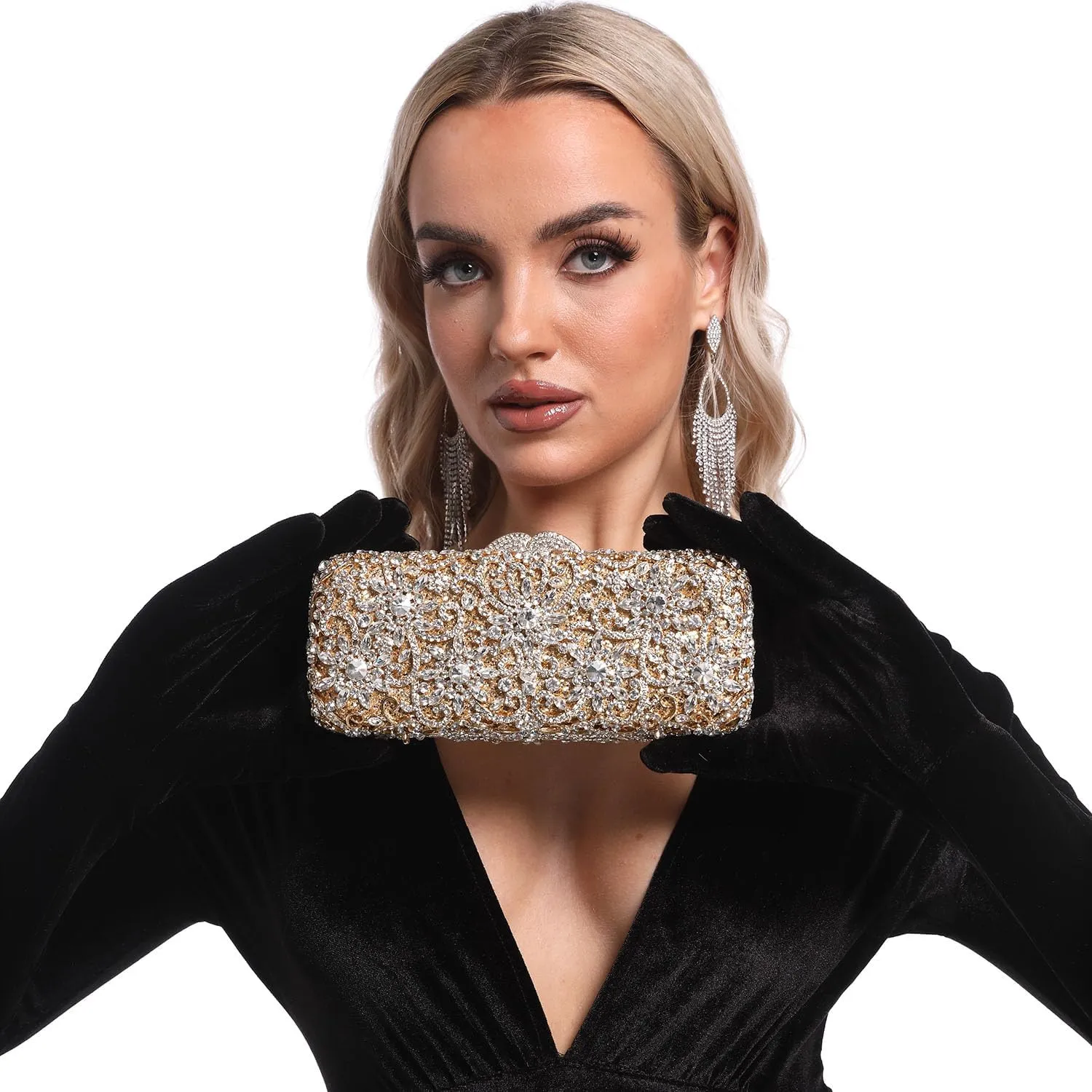 Boutique De FGG Bling Flower Crystal Clutch Evening Bags for Women Formal Party Rhinestone Clutch Purse Wedding Handbag,Mini