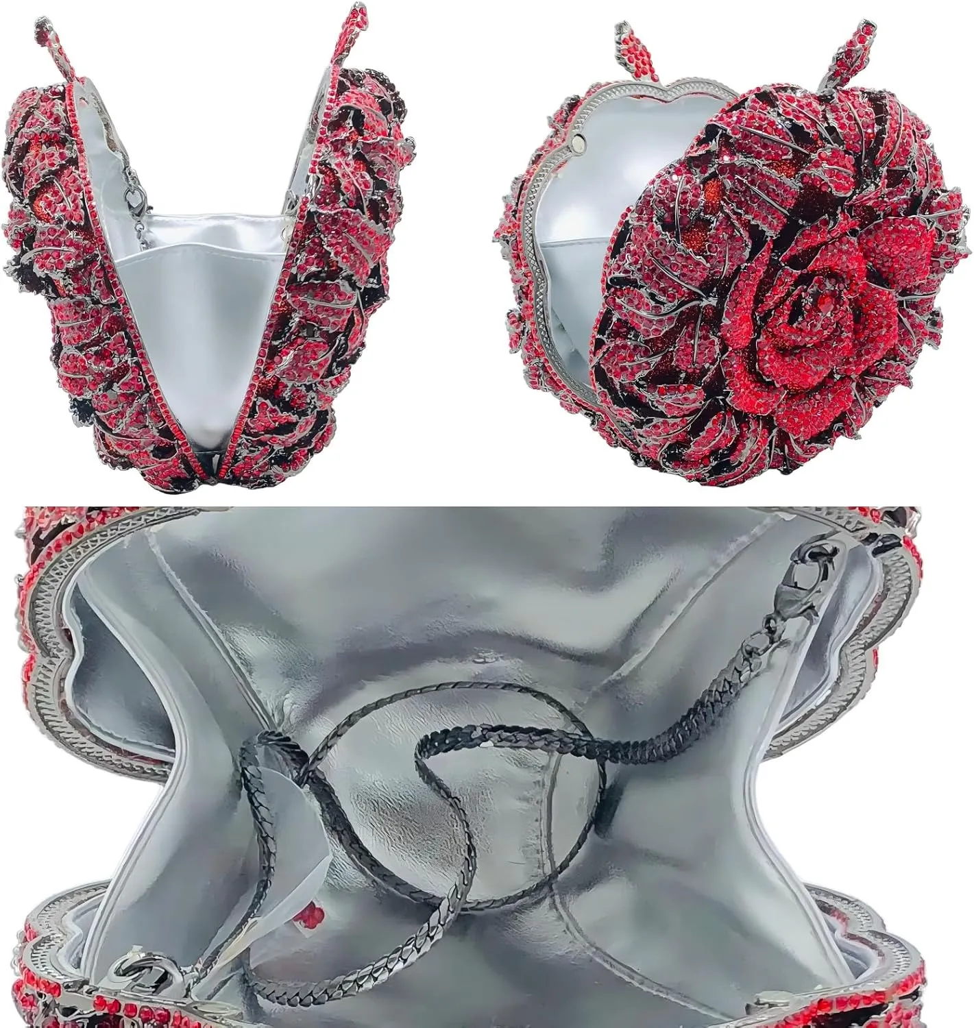 Boutique De FGG Round Rose Flower Crystal Clutch Purses for Women Formal Evening Bags Wedding Clutch Bag Party Handbags,Mini