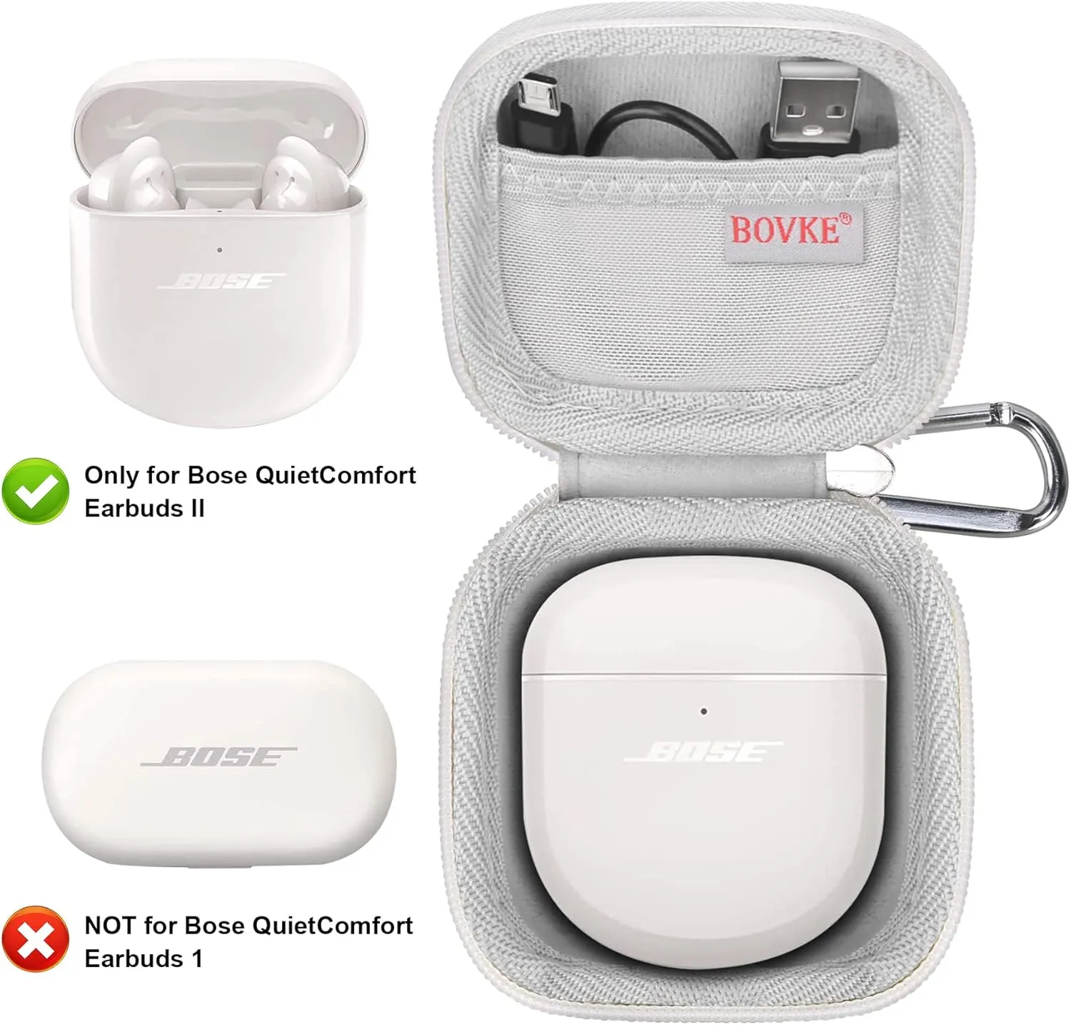 BOVKE Carrying Case for Bose QuietComfort II/QC 2/Ultra/Open Earbuds Wireless Headphones, Pocket for Cables and Eartips, Soapstone (Case Only)