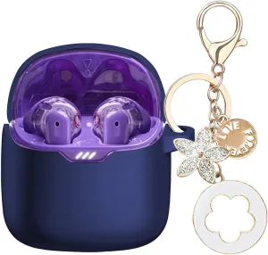 Case Cover Compatible with JBL Tune Flex Earbuds, Silicone Case with Bling Keychain Accessories Shockproof Protective Cover for Women Girl (Blue)